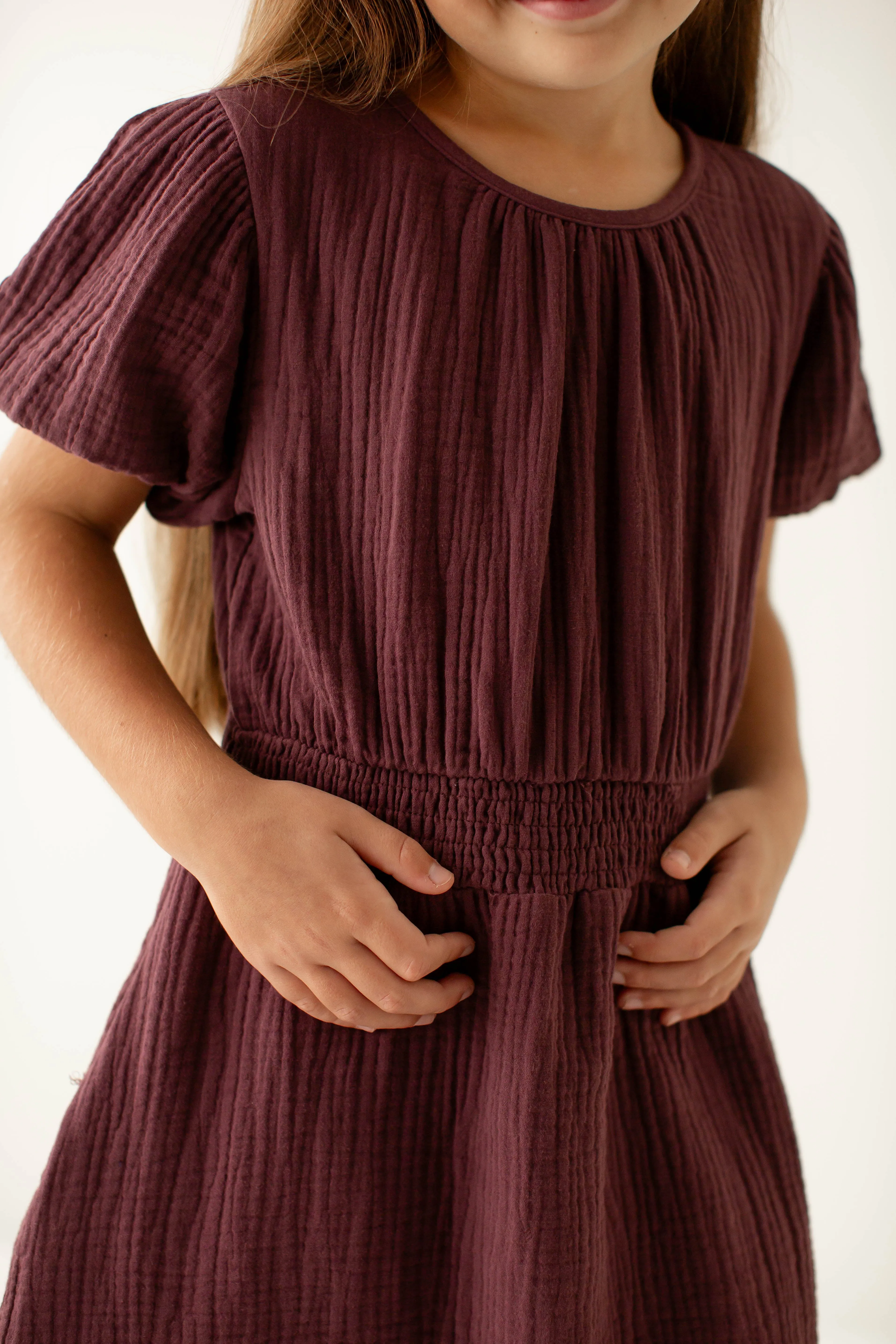 'Alicia' Girl Cotton Gauze Midi Dress in Deep Plum Defect FINAL SALE