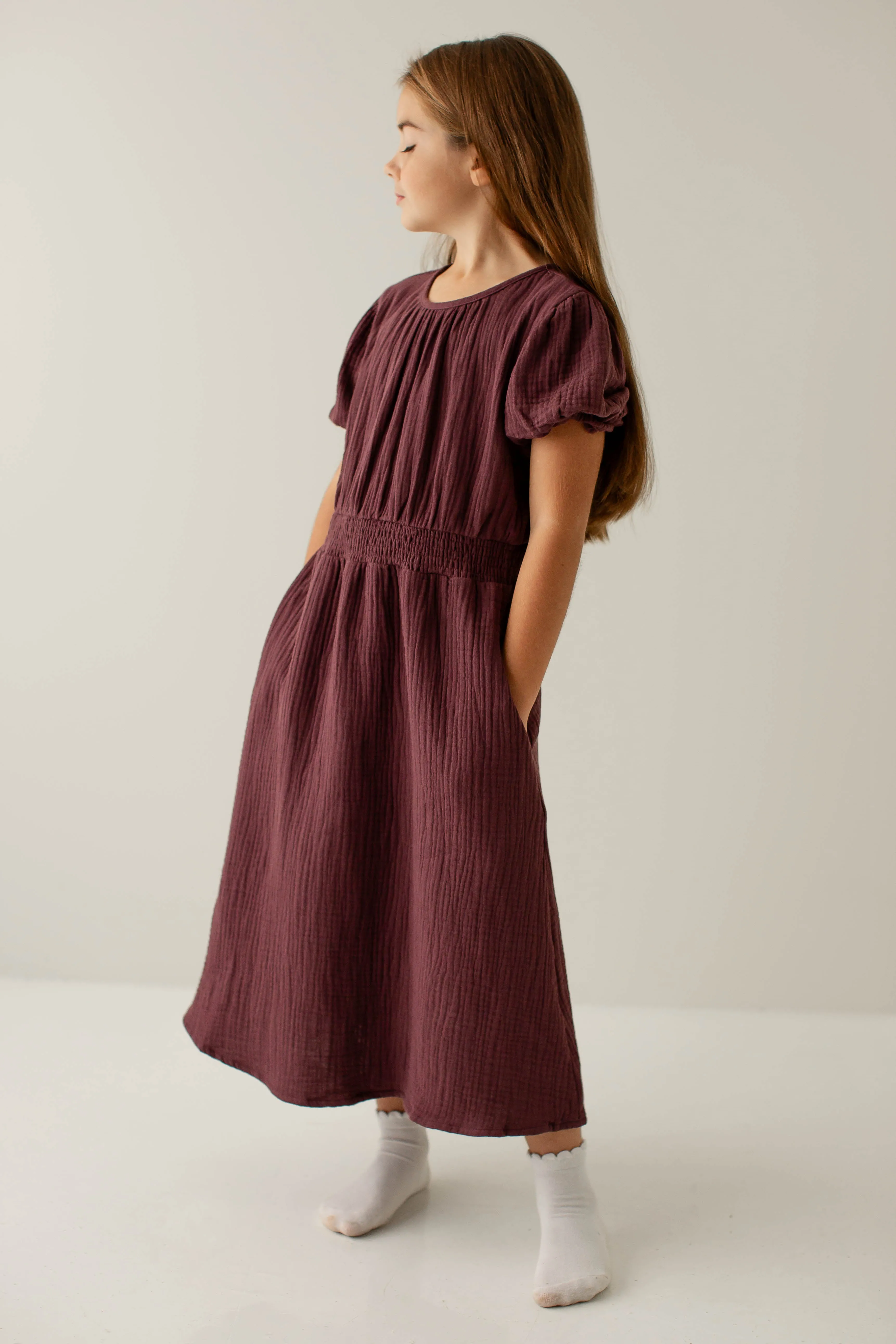 'Alicia' Girl Cotton Gauze Midi Dress in Deep Plum Defect FINAL SALE