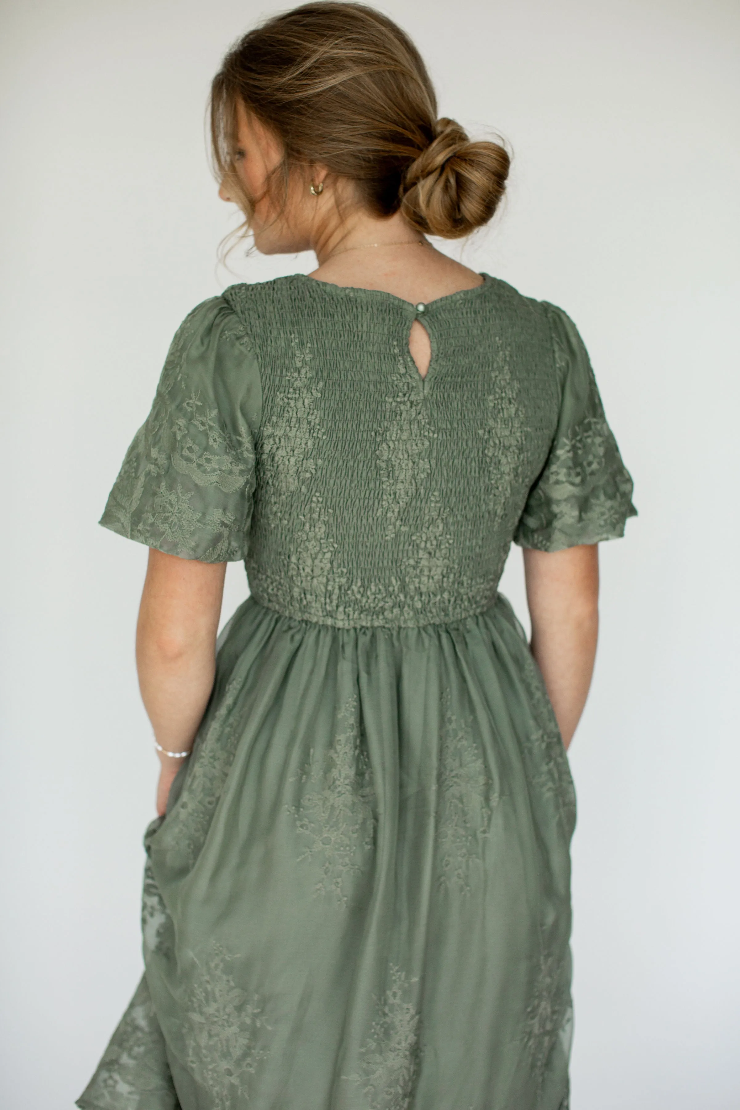 'Alyssa' Smocked Bodice Embroidered Floral Dress in Deep Sage