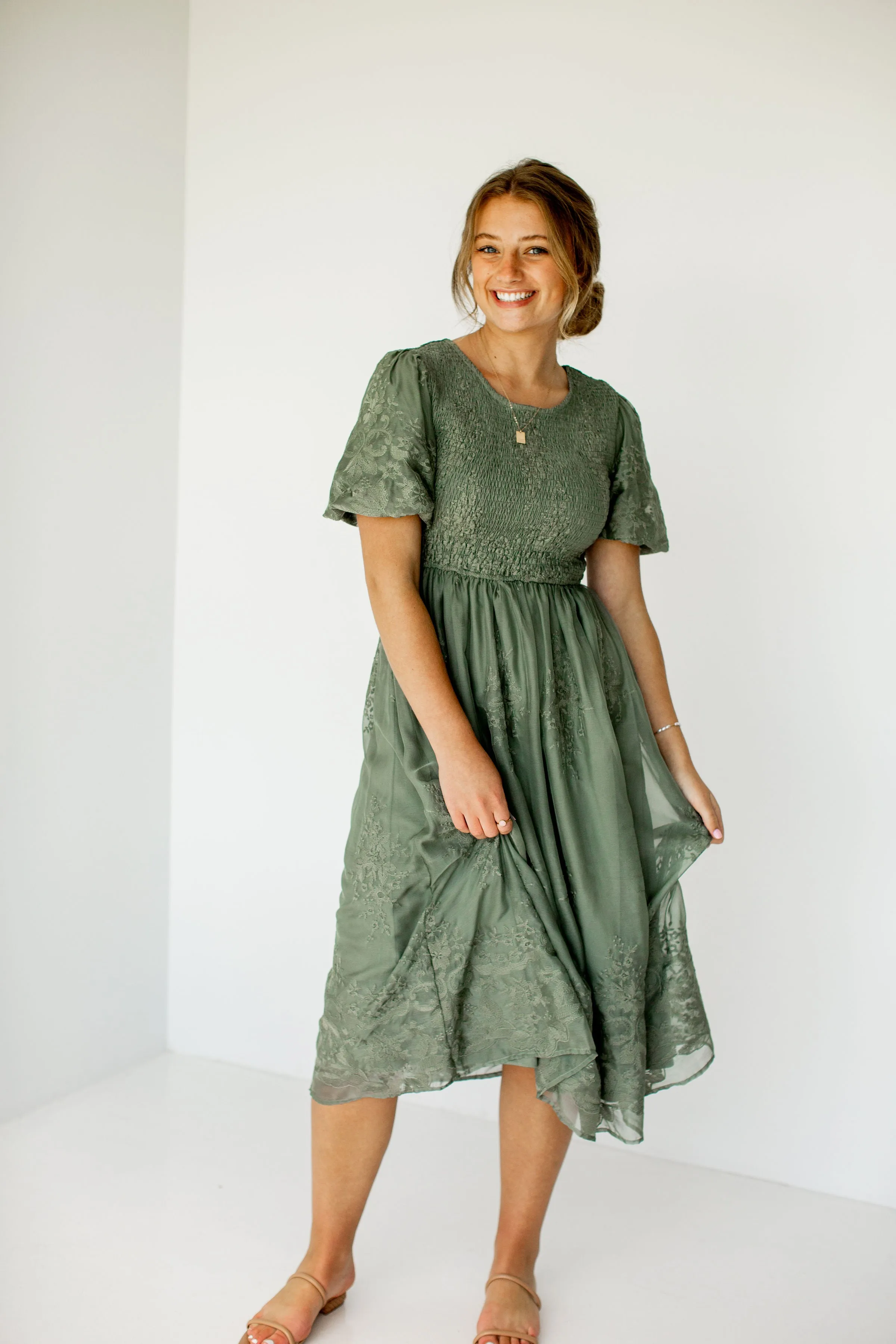 'Alyssa' Smocked Bodice Embroidered Floral Dress in Deep Sage