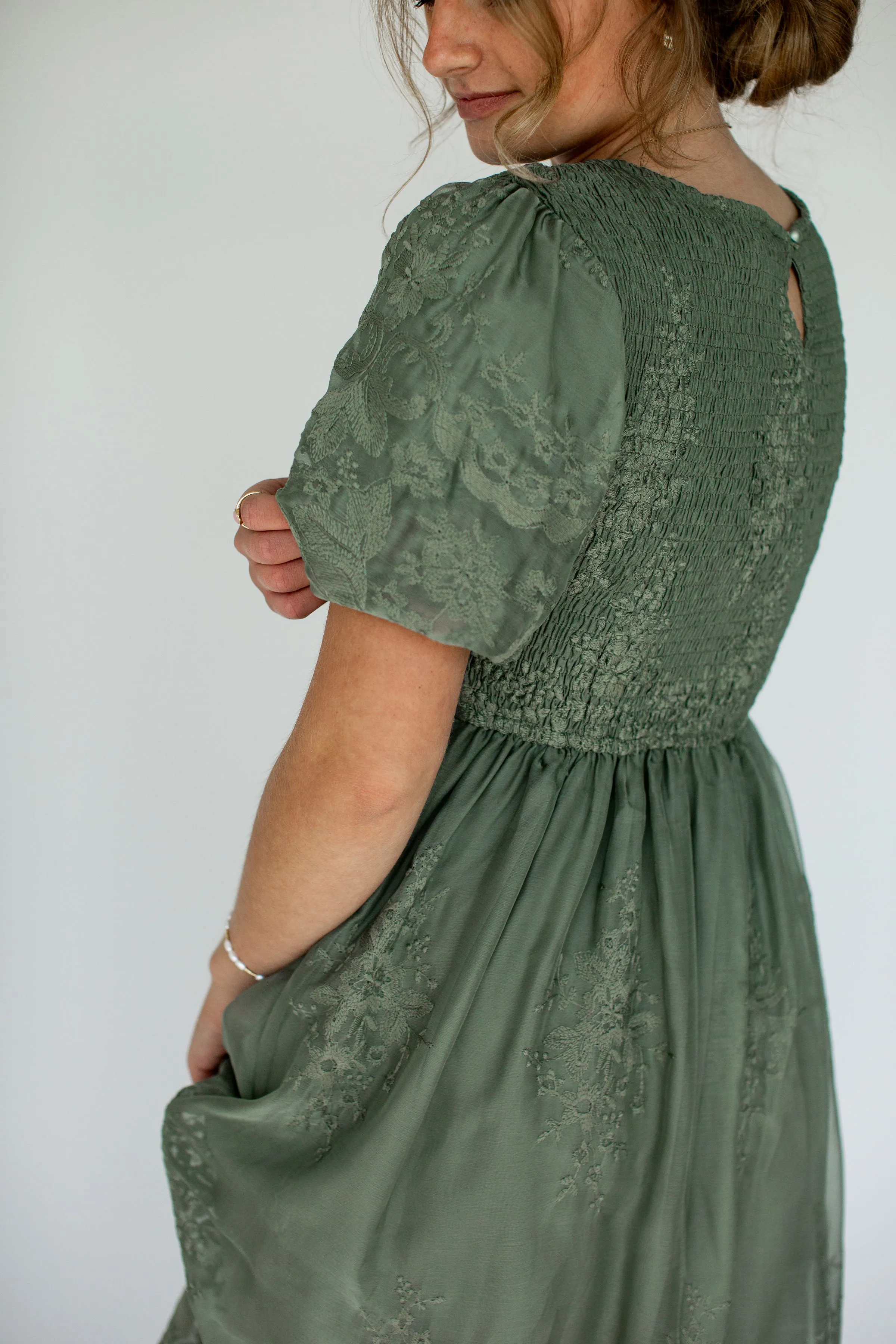 'Alyssa' Smocked Bodice Embroidered Floral Dress in Deep Sage