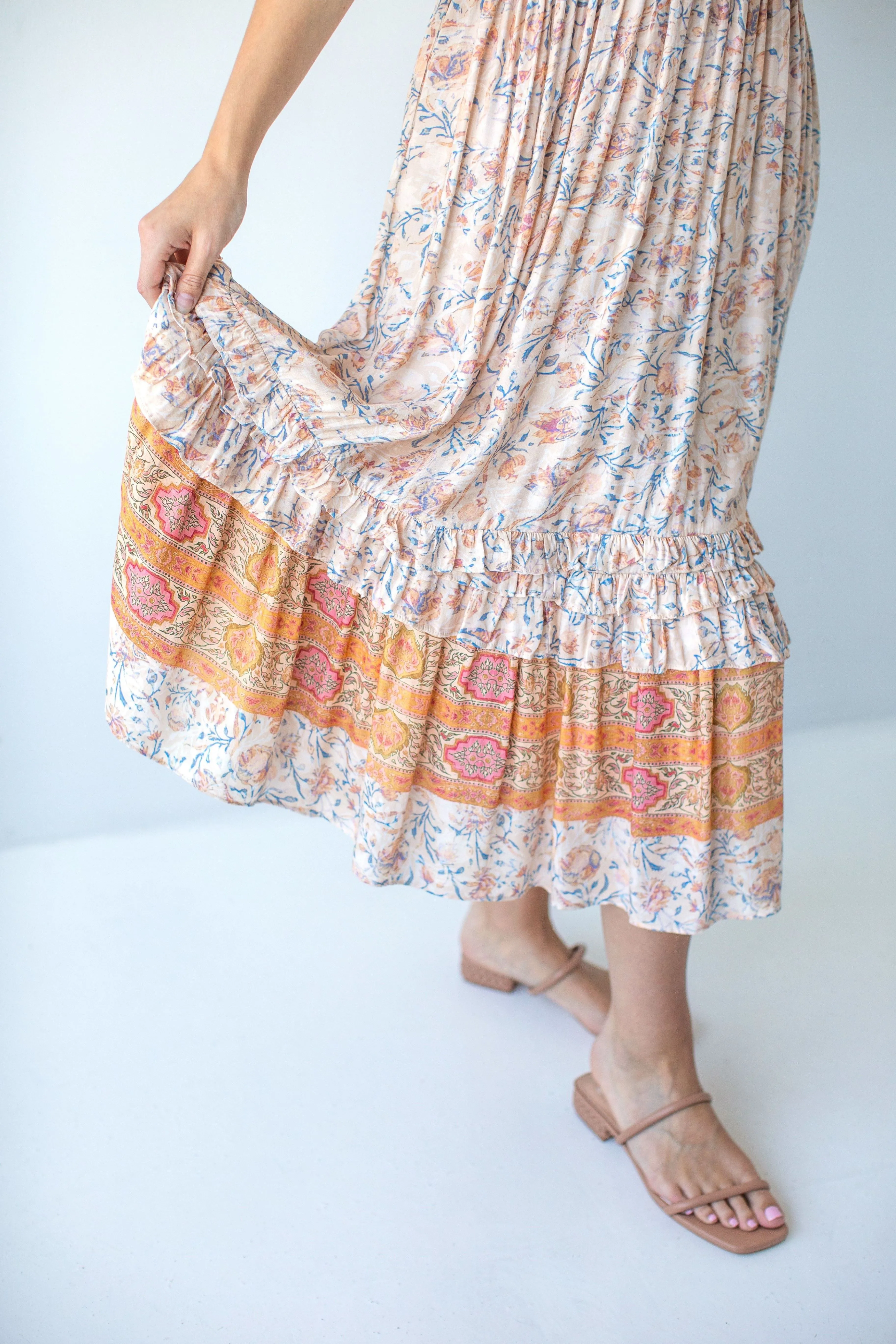 'Amaryllis' Boho Print Ruffle Detail Midi Dress in Light Peach FINAL SALE