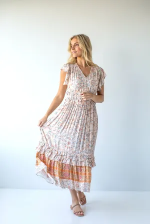 'Amaryllis' Boho Print Ruffle Detail Midi Dress in Light Peach FINAL SALE