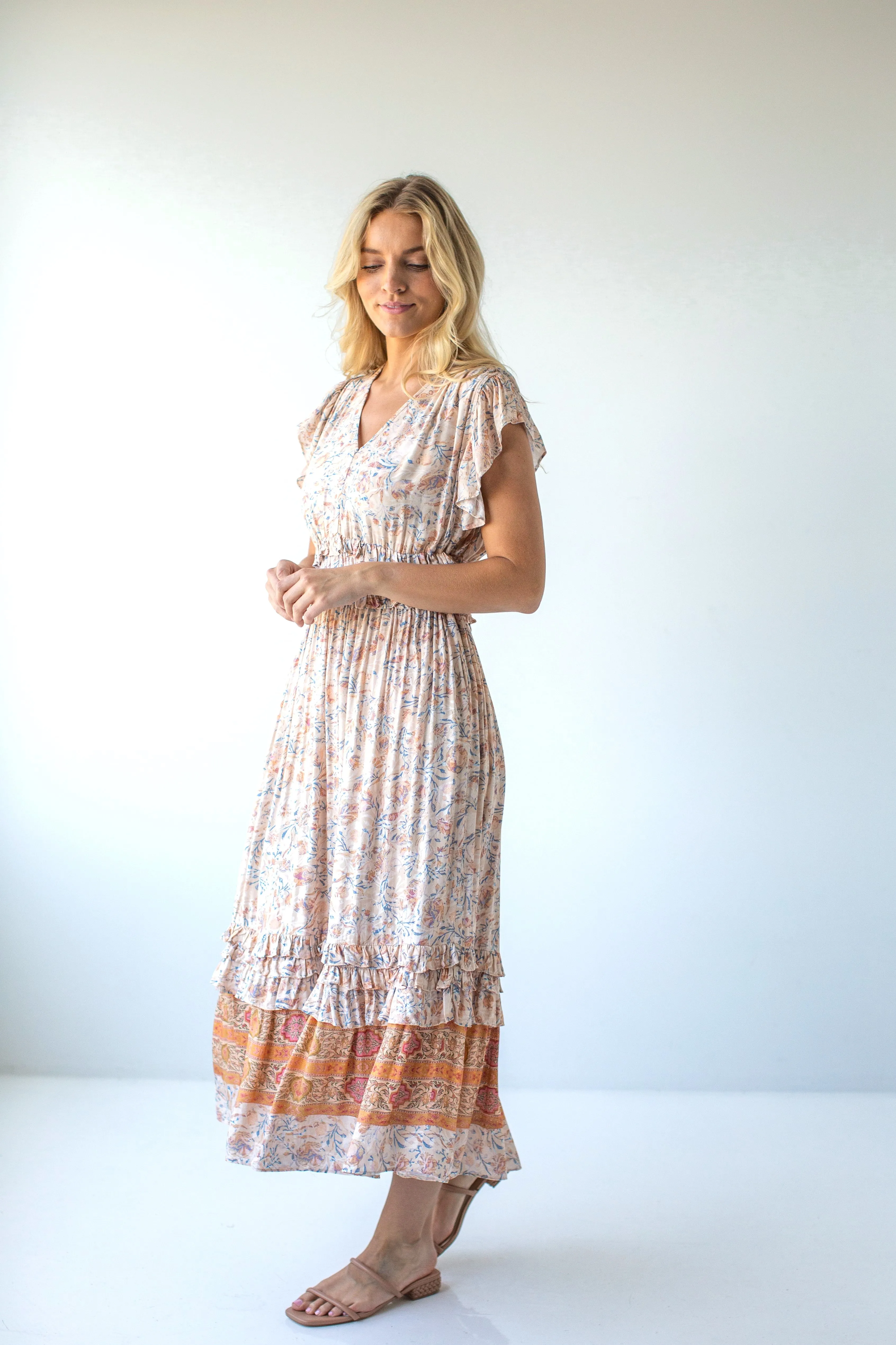 'Amaryllis' Boho Print Ruffle Detail Midi Dress in Light Peach FINAL SALE