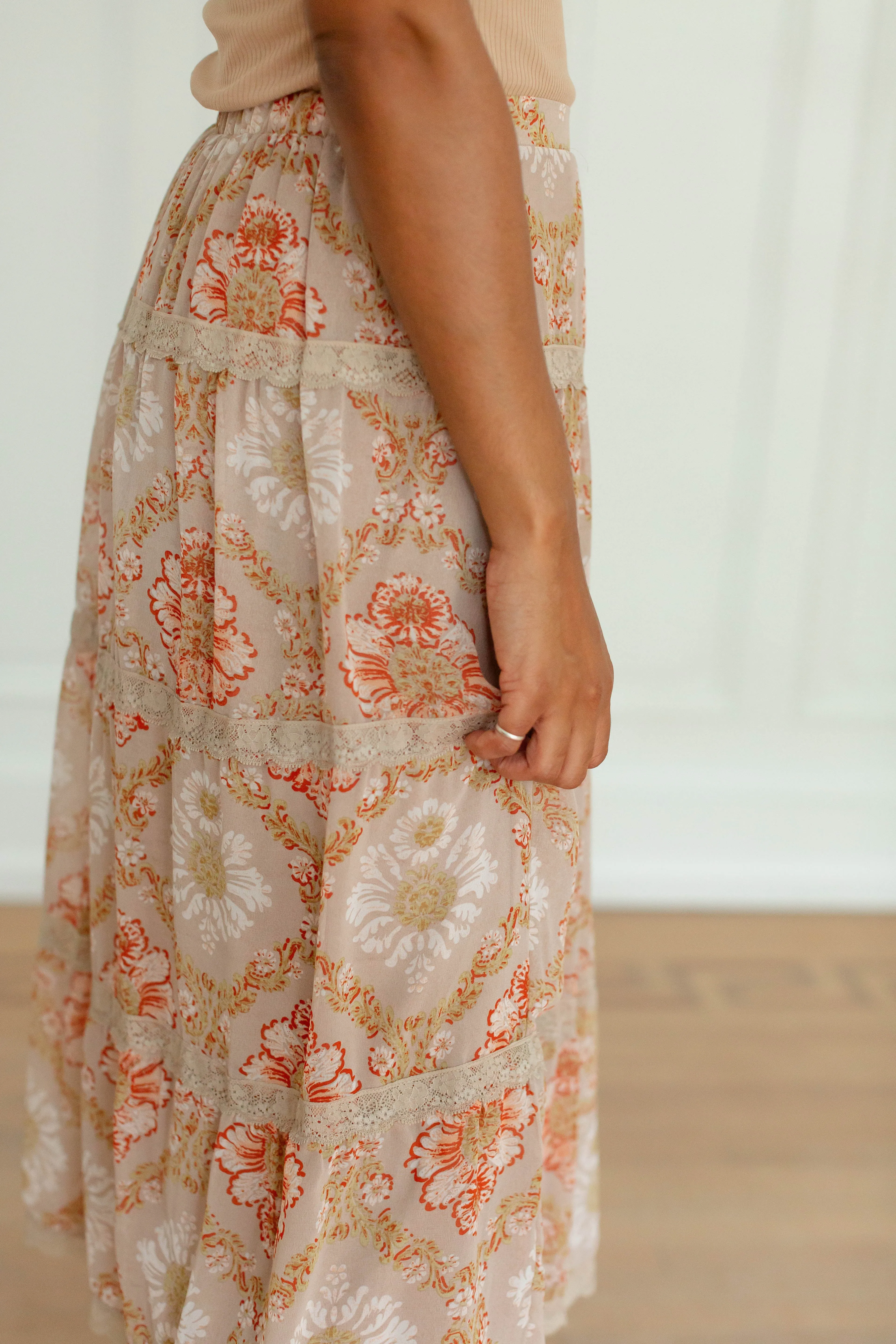 'Angelou' Lace Trim Vintage Floral Midi Skirt in Taupe