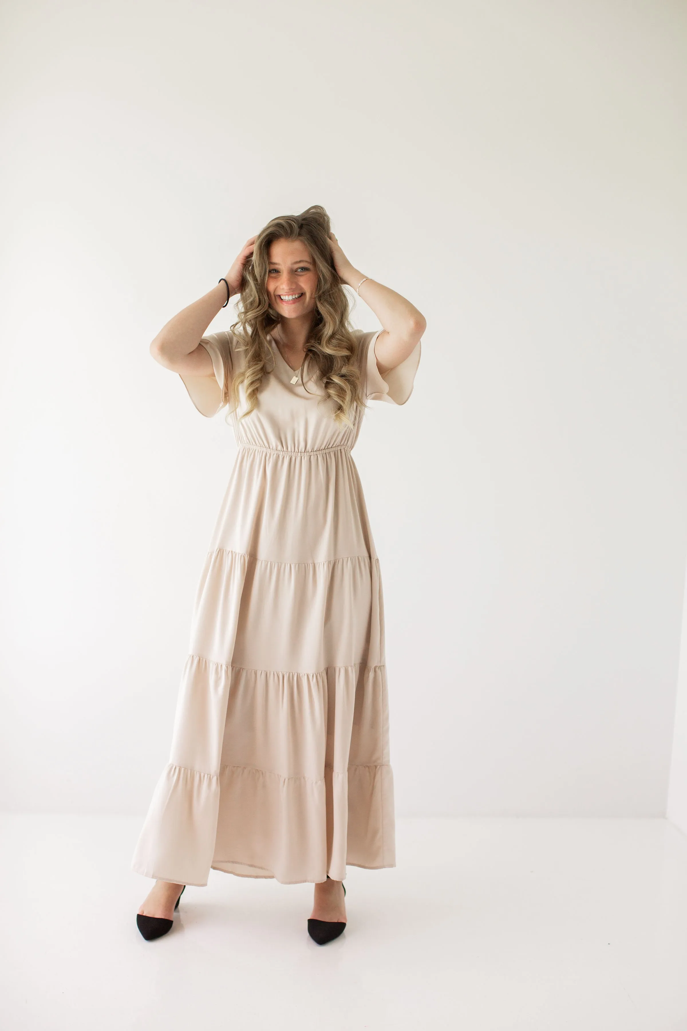 'Aria' Muted Satin Flutter Sleeve Tiered Maxi Dress in Champagne