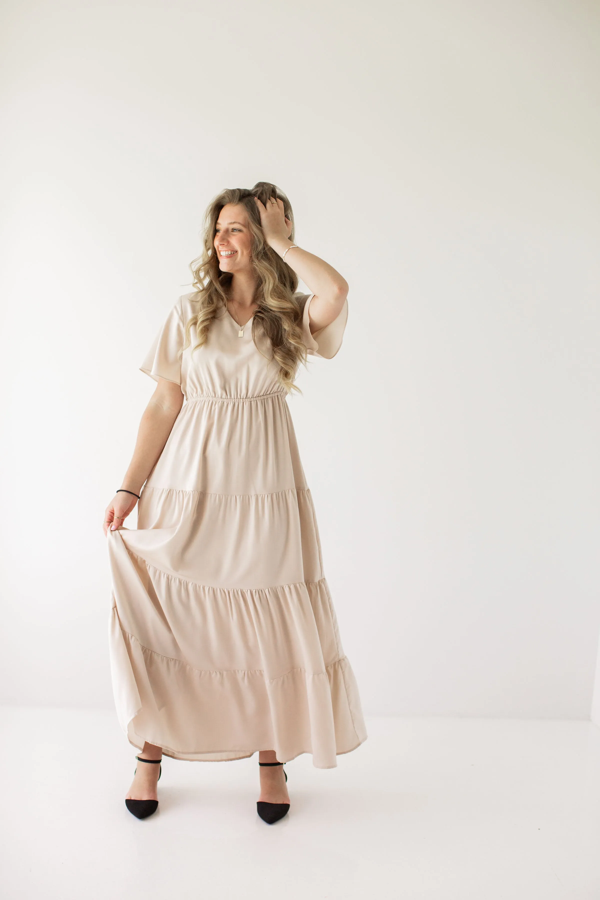 'Aria' Muted Satin Flutter Sleeve Tiered Maxi Dress in Champagne