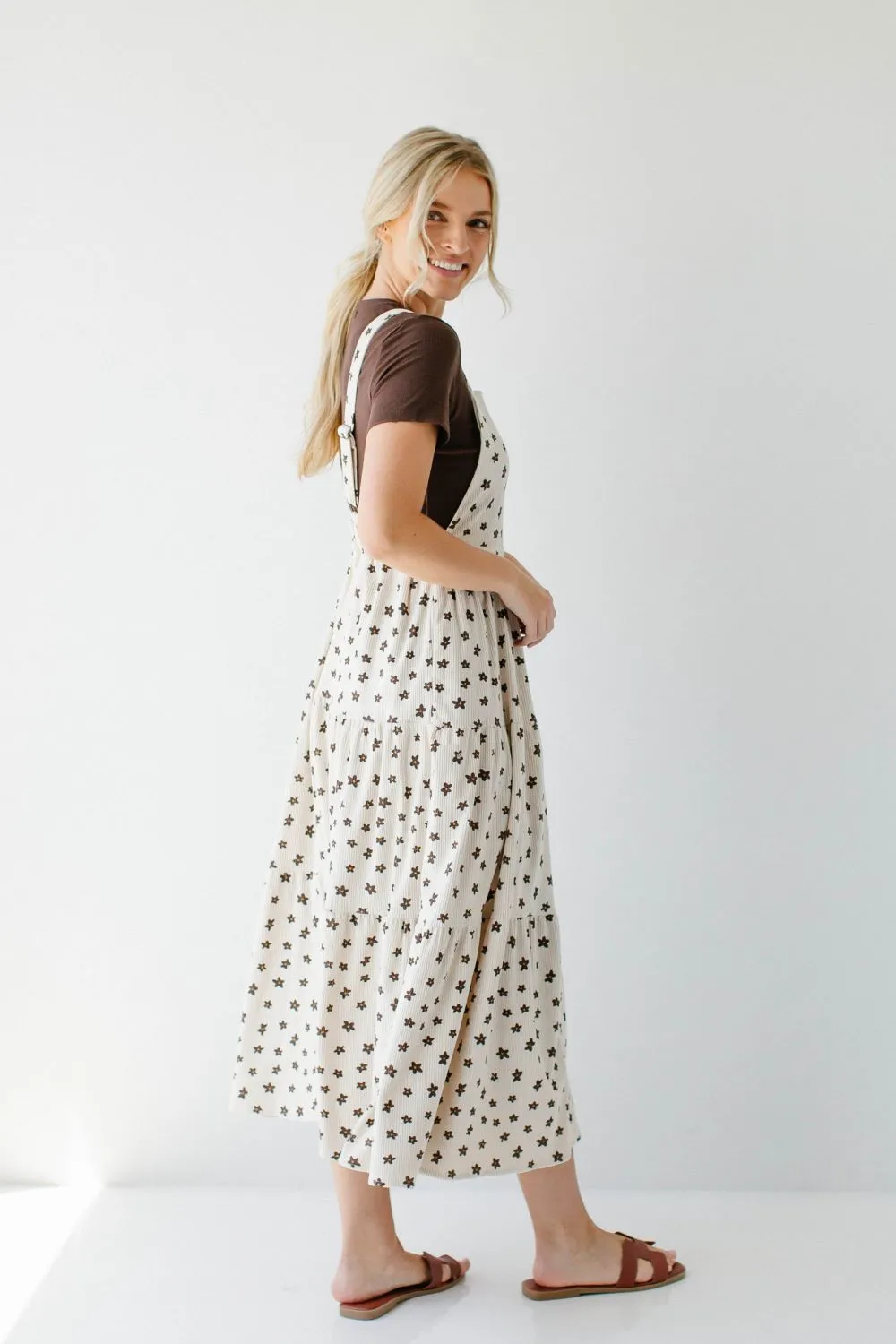 'Asher' Corduroy Floral Print Overall Dress in Cream