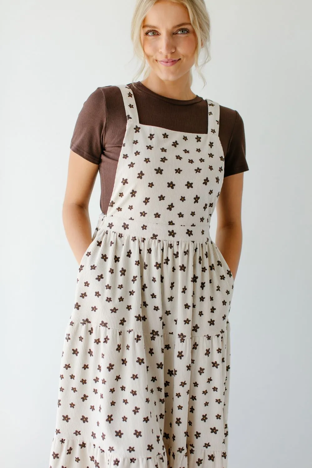 'Asher' Corduroy Floral Print Overall Dress in Cream