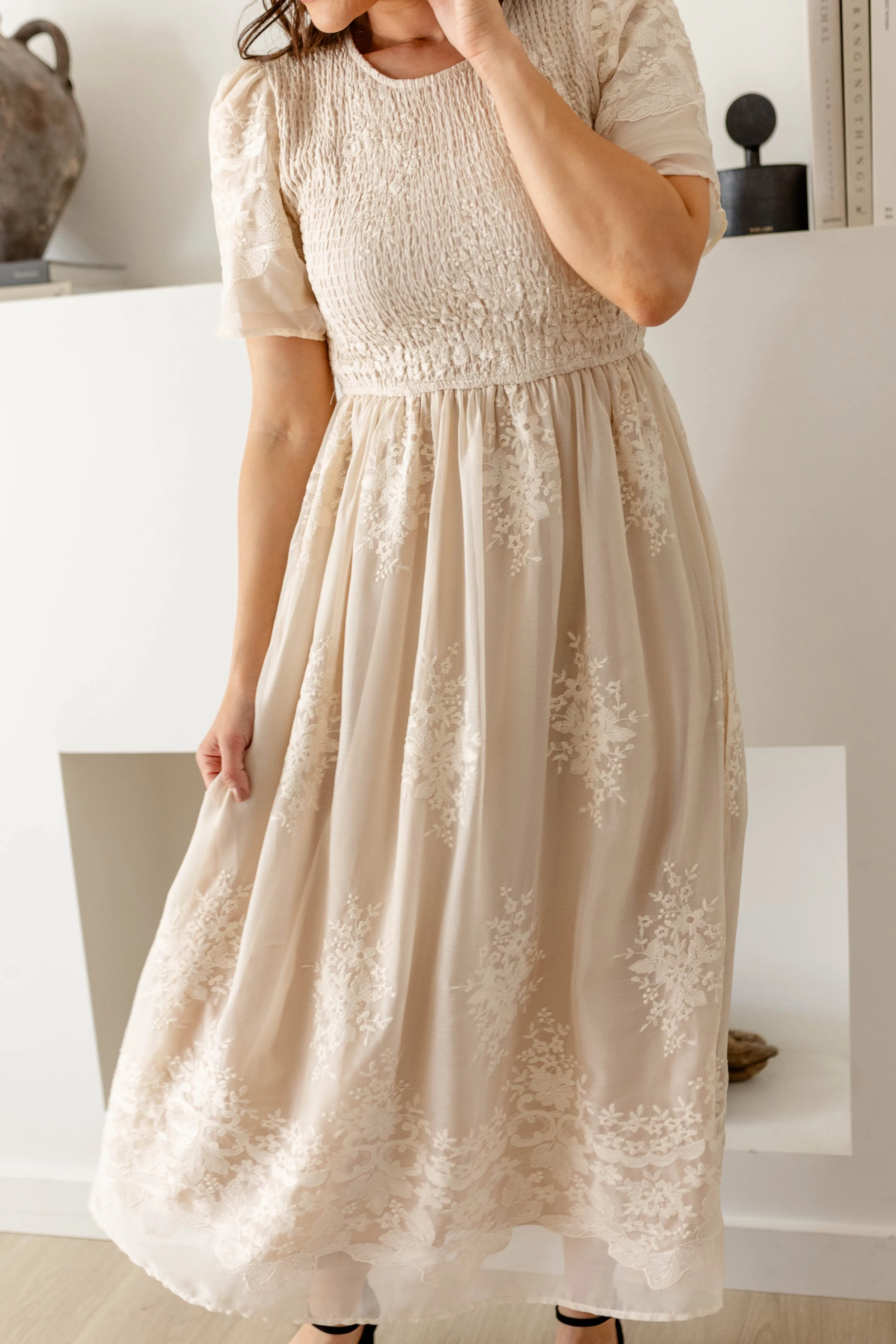 'Aster' Smocked Bodice Embroidered Floral Midi Dress in Champagne