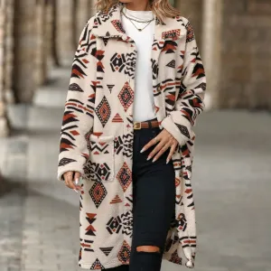 Autumn Winter Women Clothing Single Breasted Ethnic Print Plush Long Overcoat Outerwear