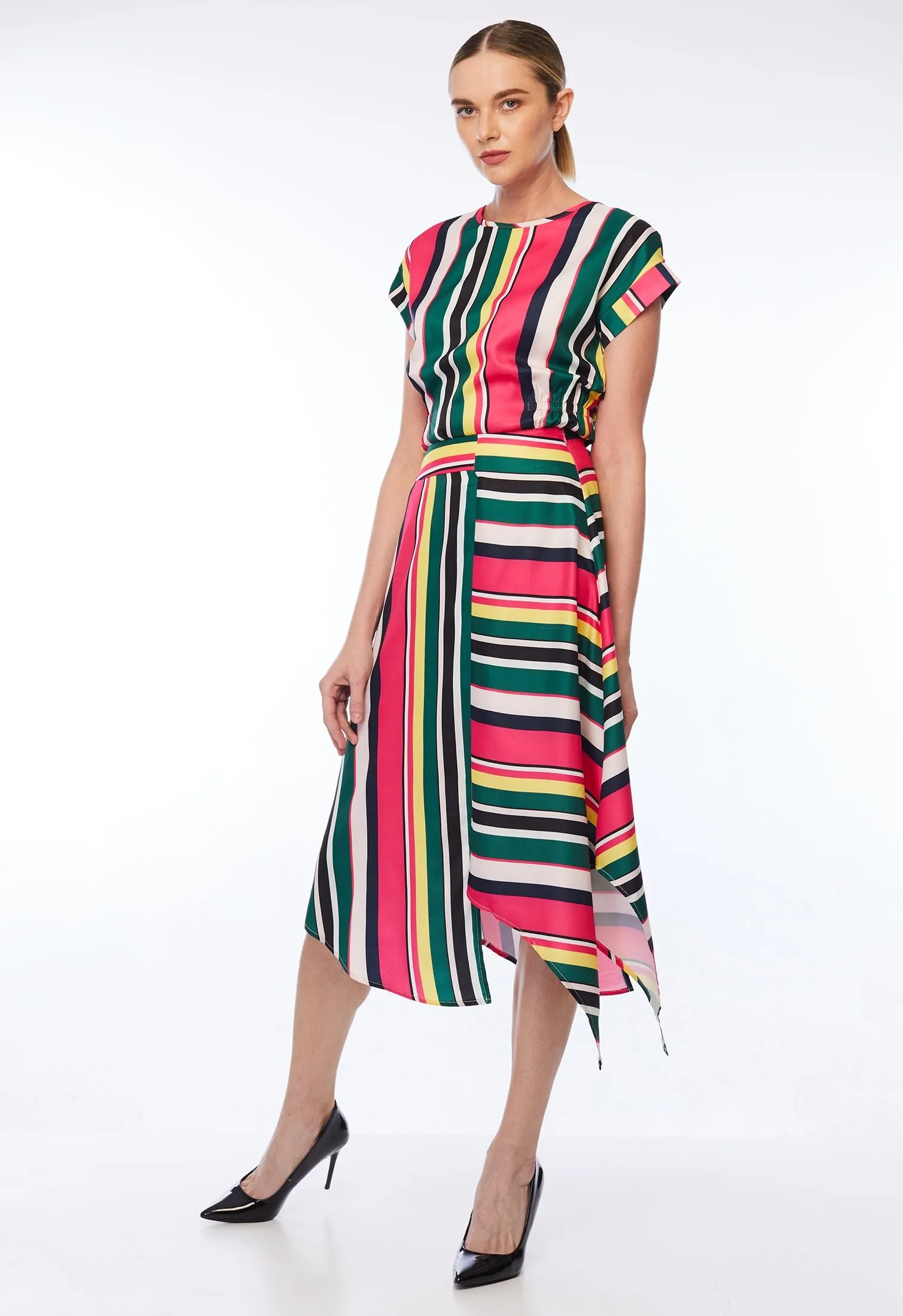 Barcode Strip Asymmetrical Bias Cut Midi Skirt