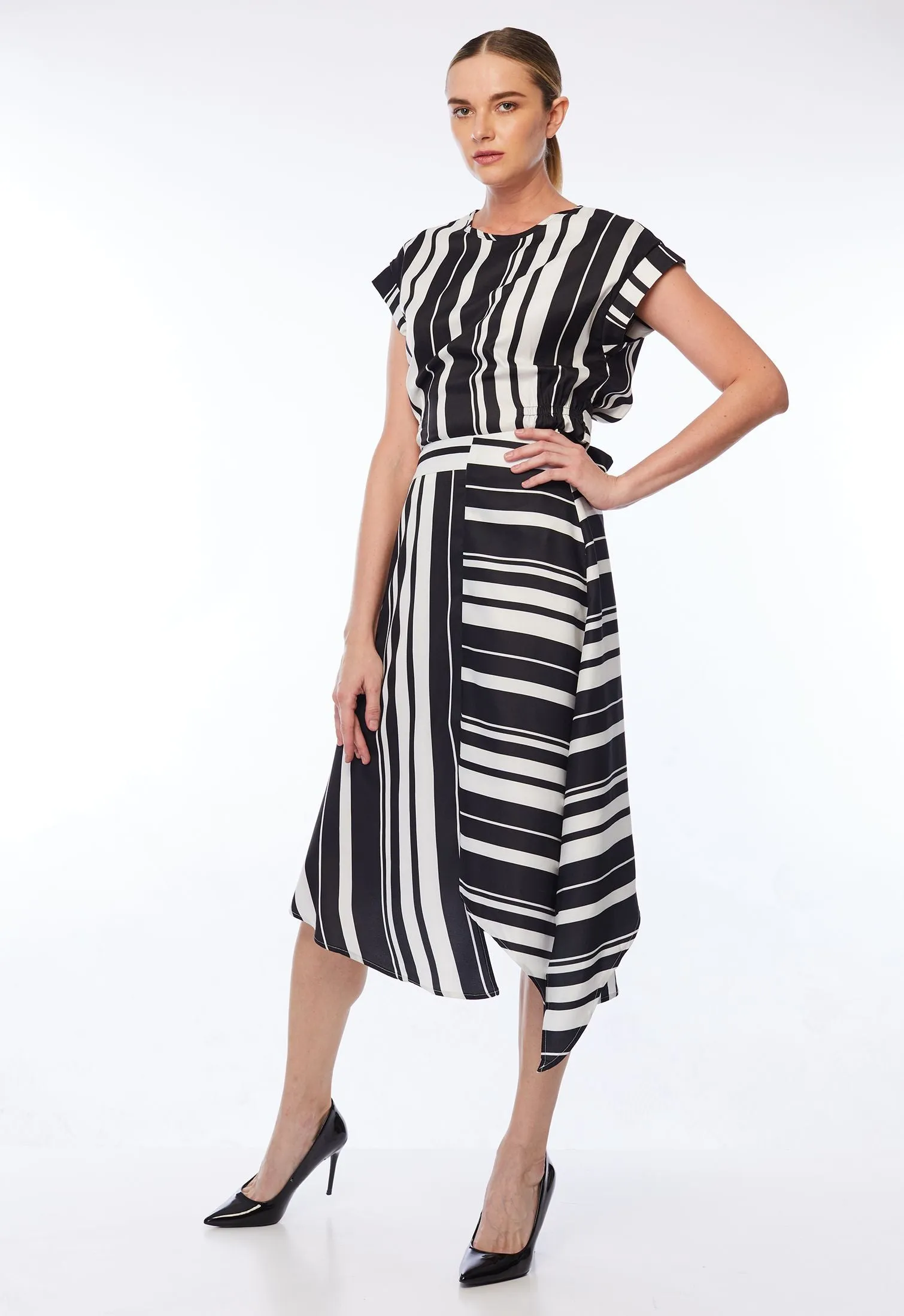 Barcode Strip Asymmetrical Bias Cut Midi Skirt