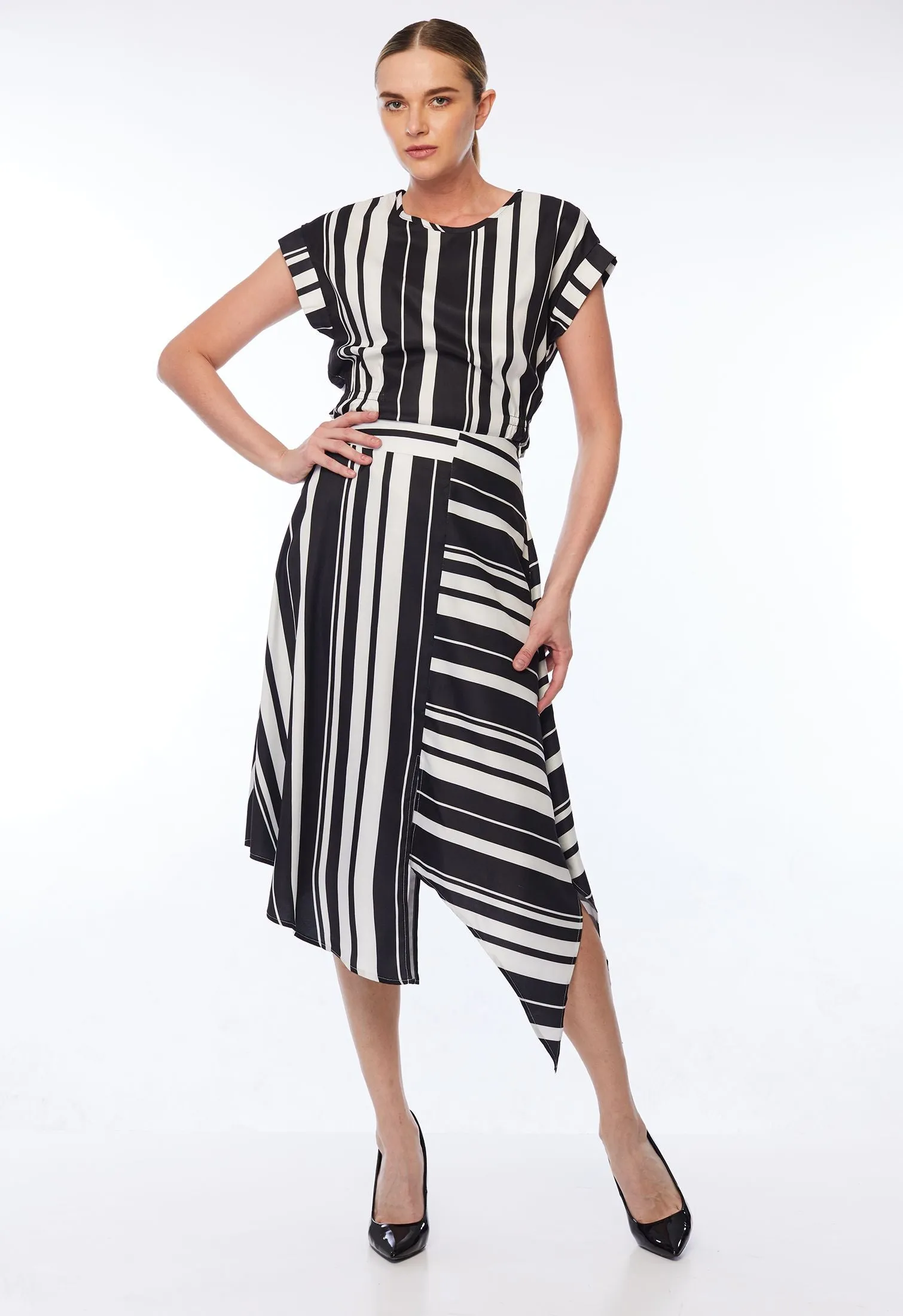 Barcode Strip Asymmetrical Bias Cut Midi Skirt