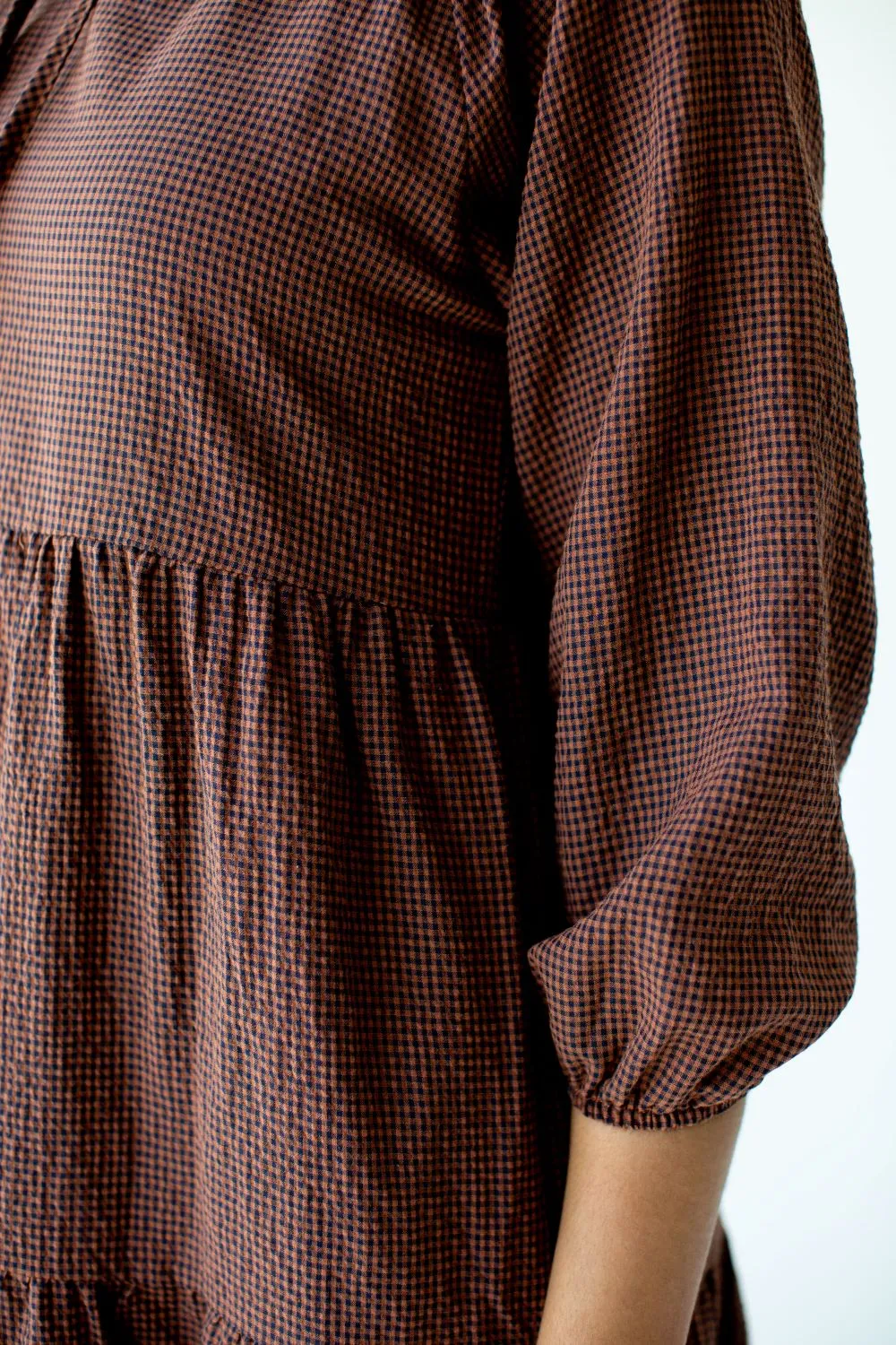 'Beatrix' Tiered Gingham Midi Dress in Rust