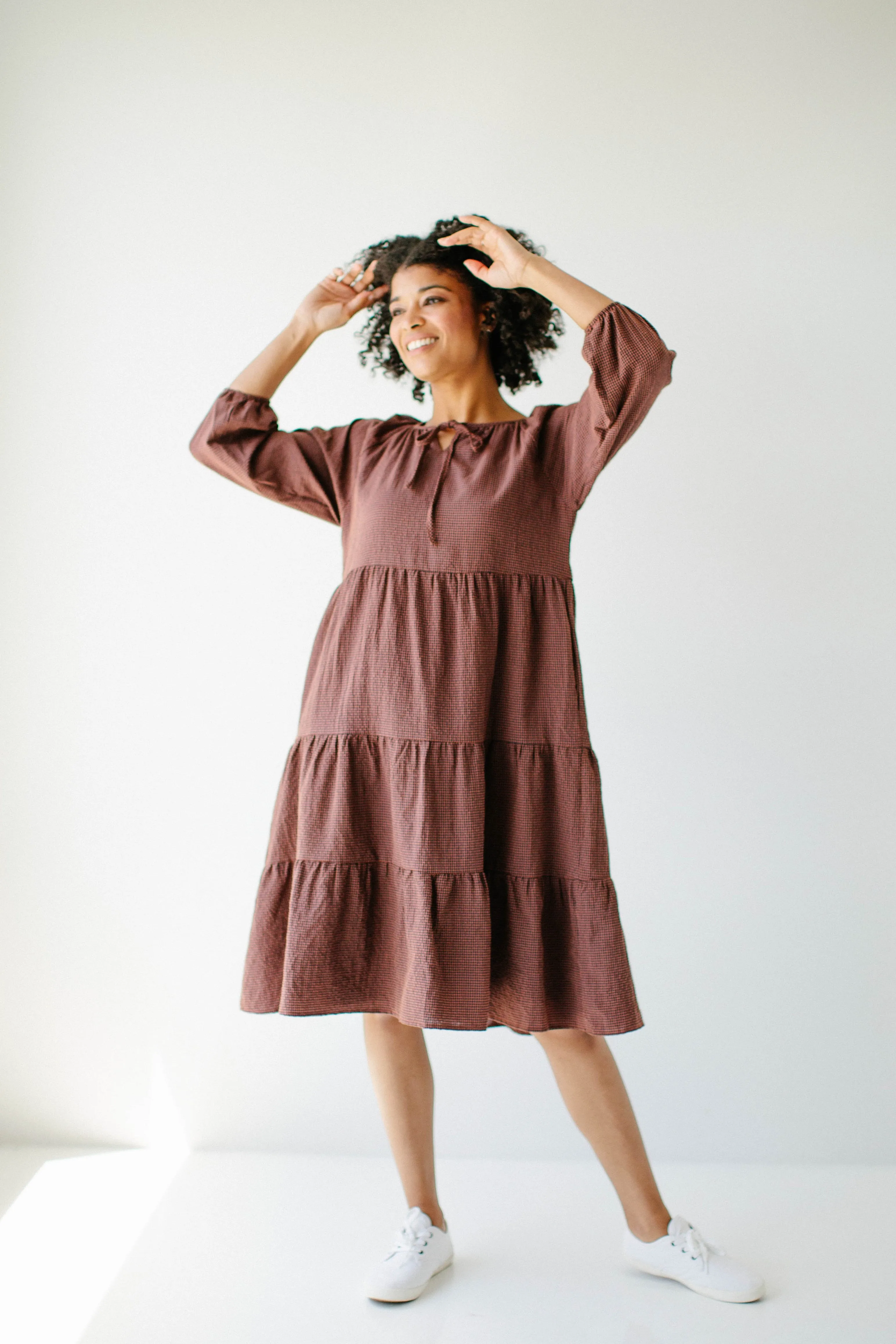 'Beatrix' Tiered Gingham Midi Dress in Rust