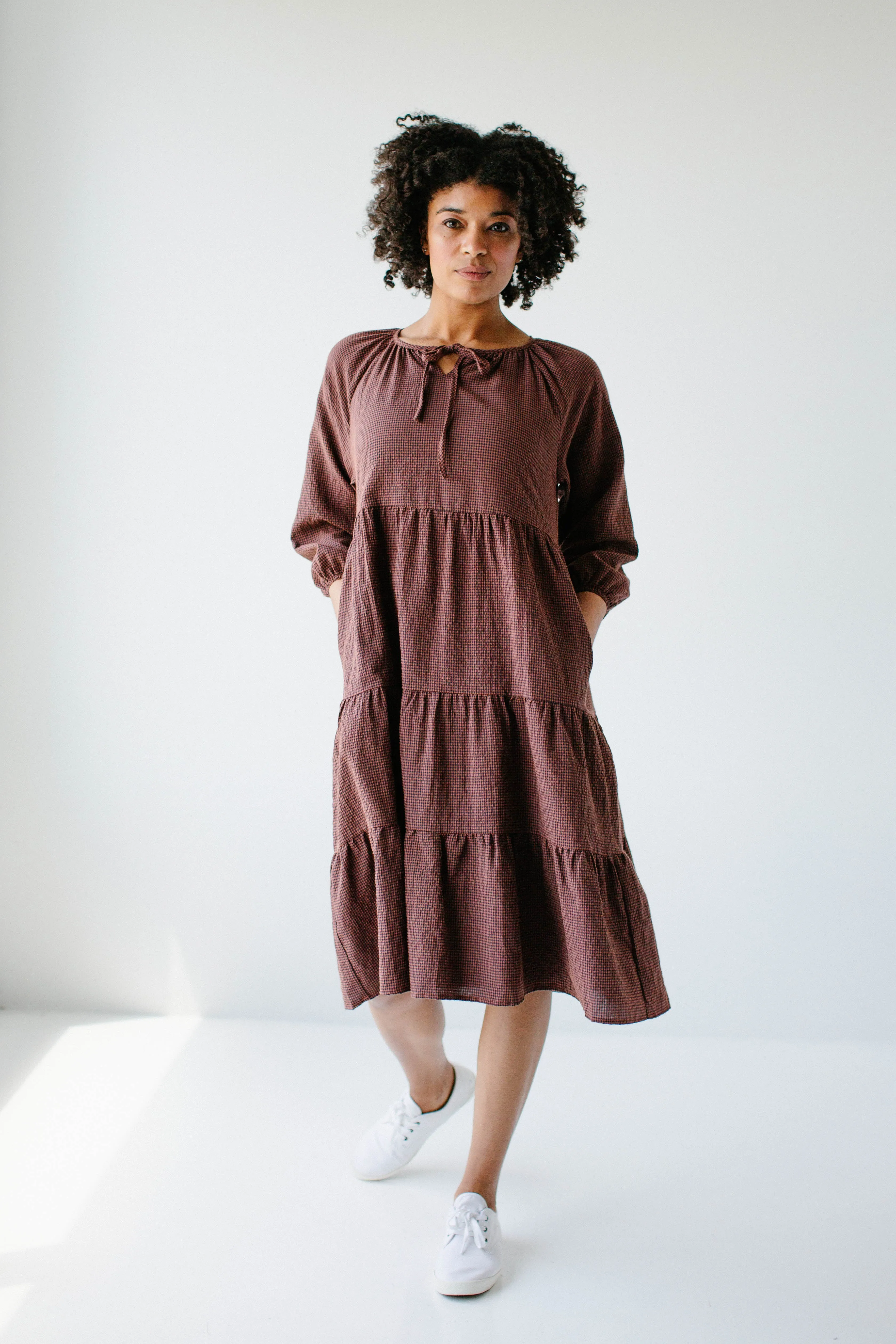 'Beatrix' Tiered Gingham Midi Dress in Rust