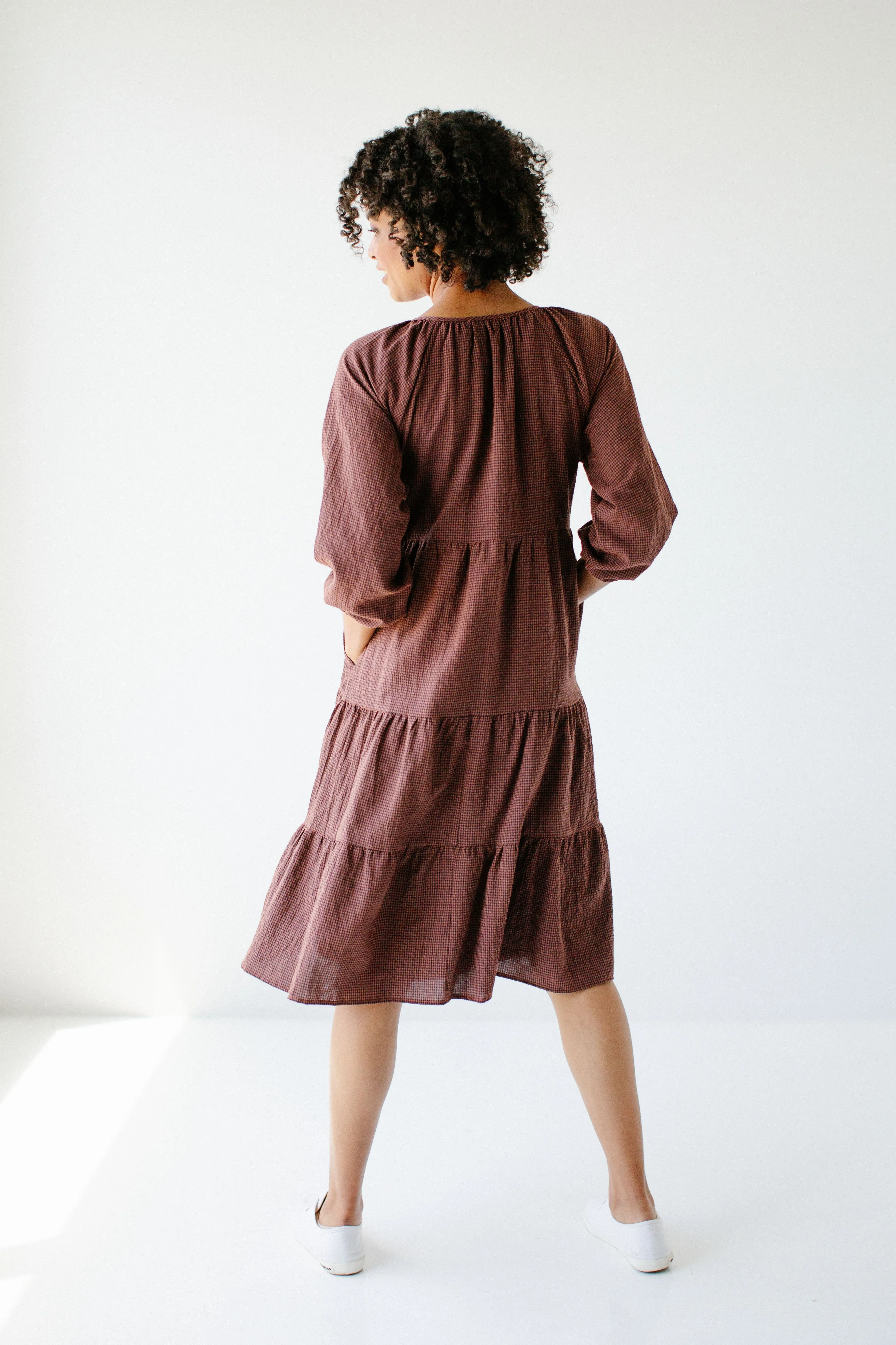 'Beatrix' Tiered Gingham Midi Dress in Rust