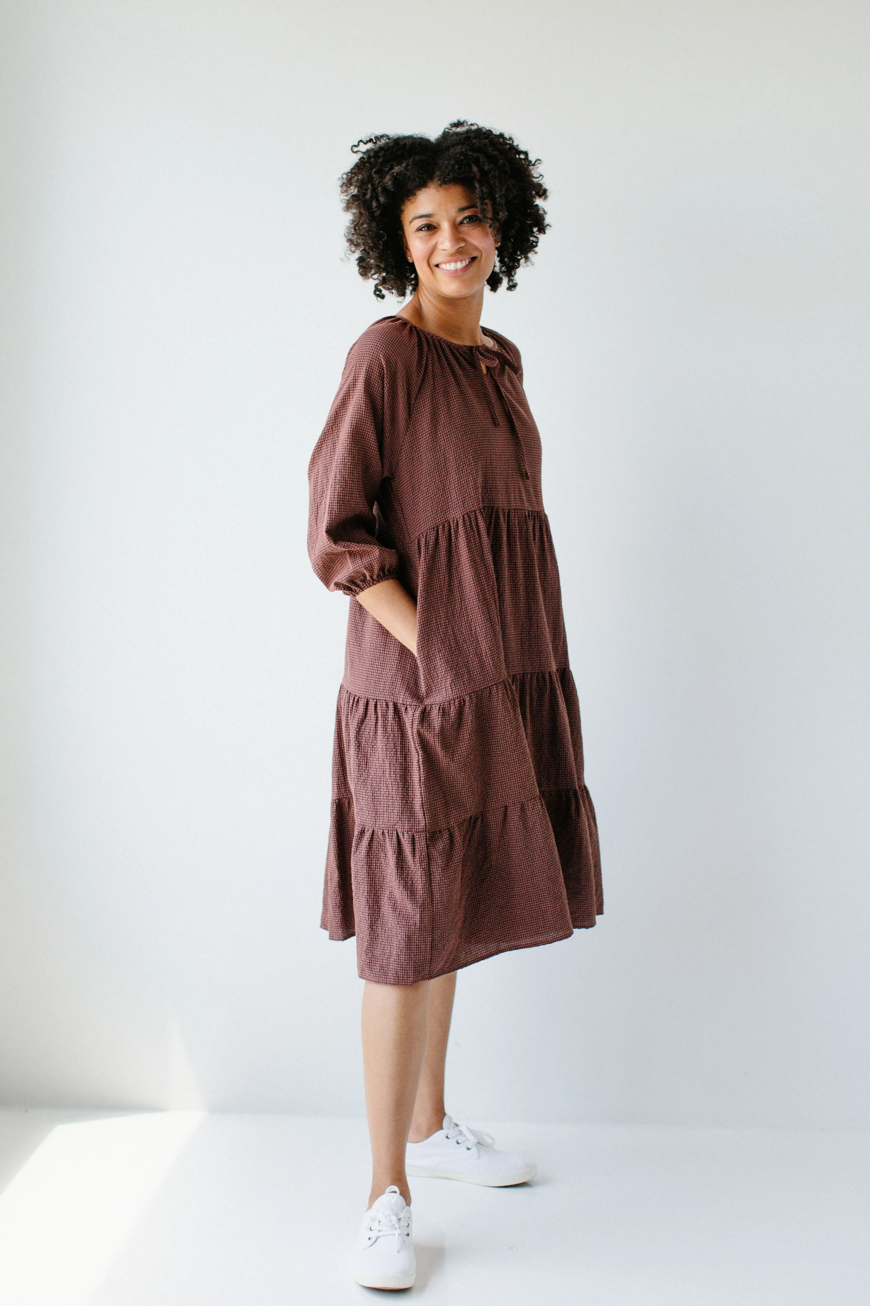 'Beatrix' Tiered Gingham Midi Dress in Rust