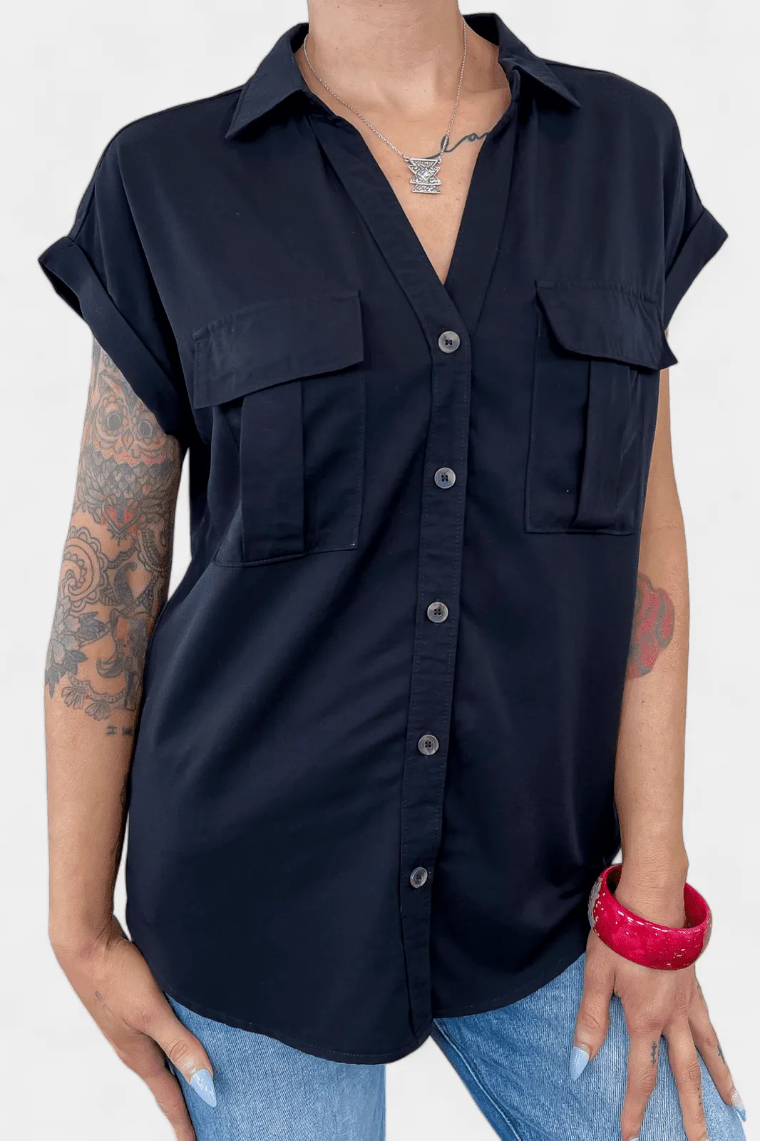 Black Front Pocket Short Sleeve Top