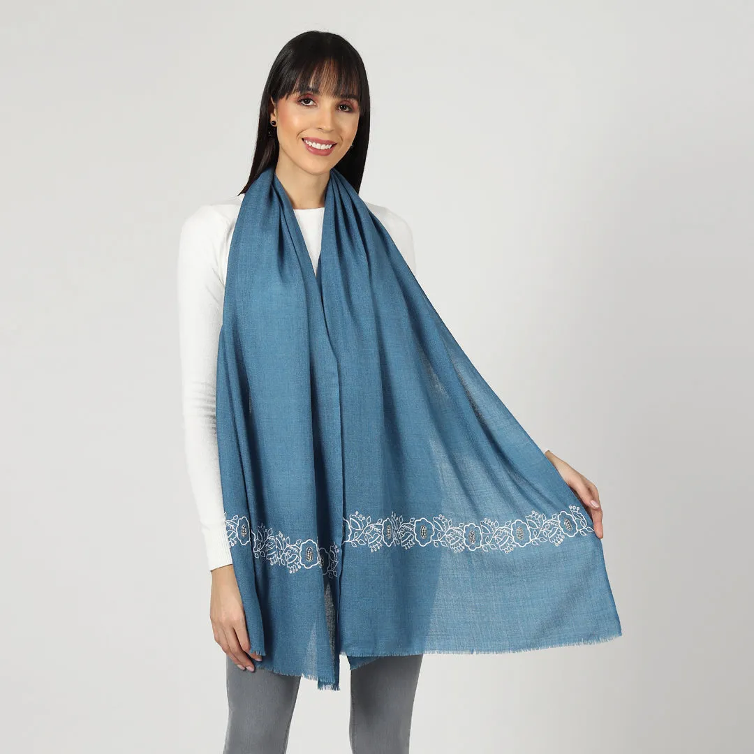 Blue Winter Shawl with hand embroidered floral design