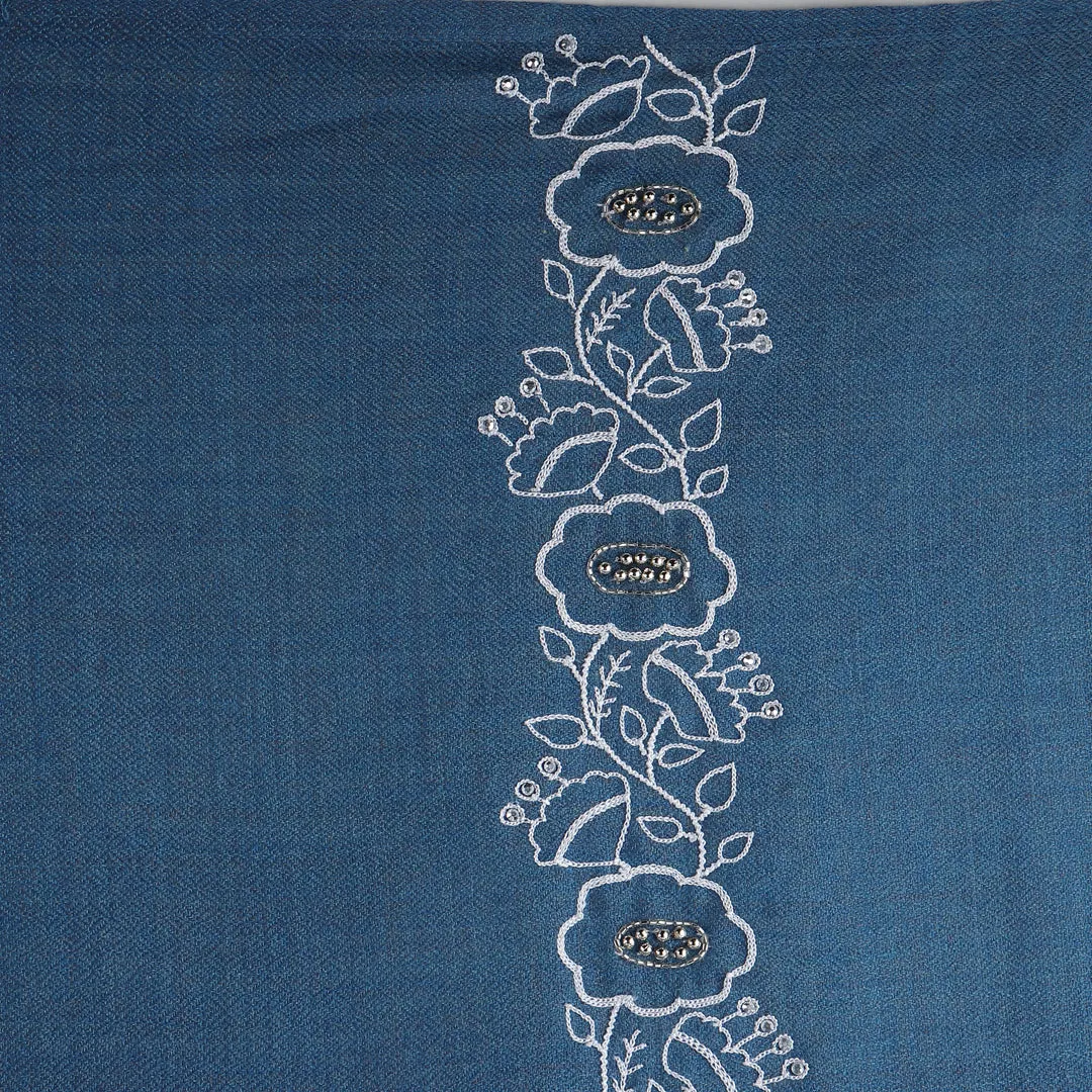 Blue Winter Shawl with hand embroidered floral design