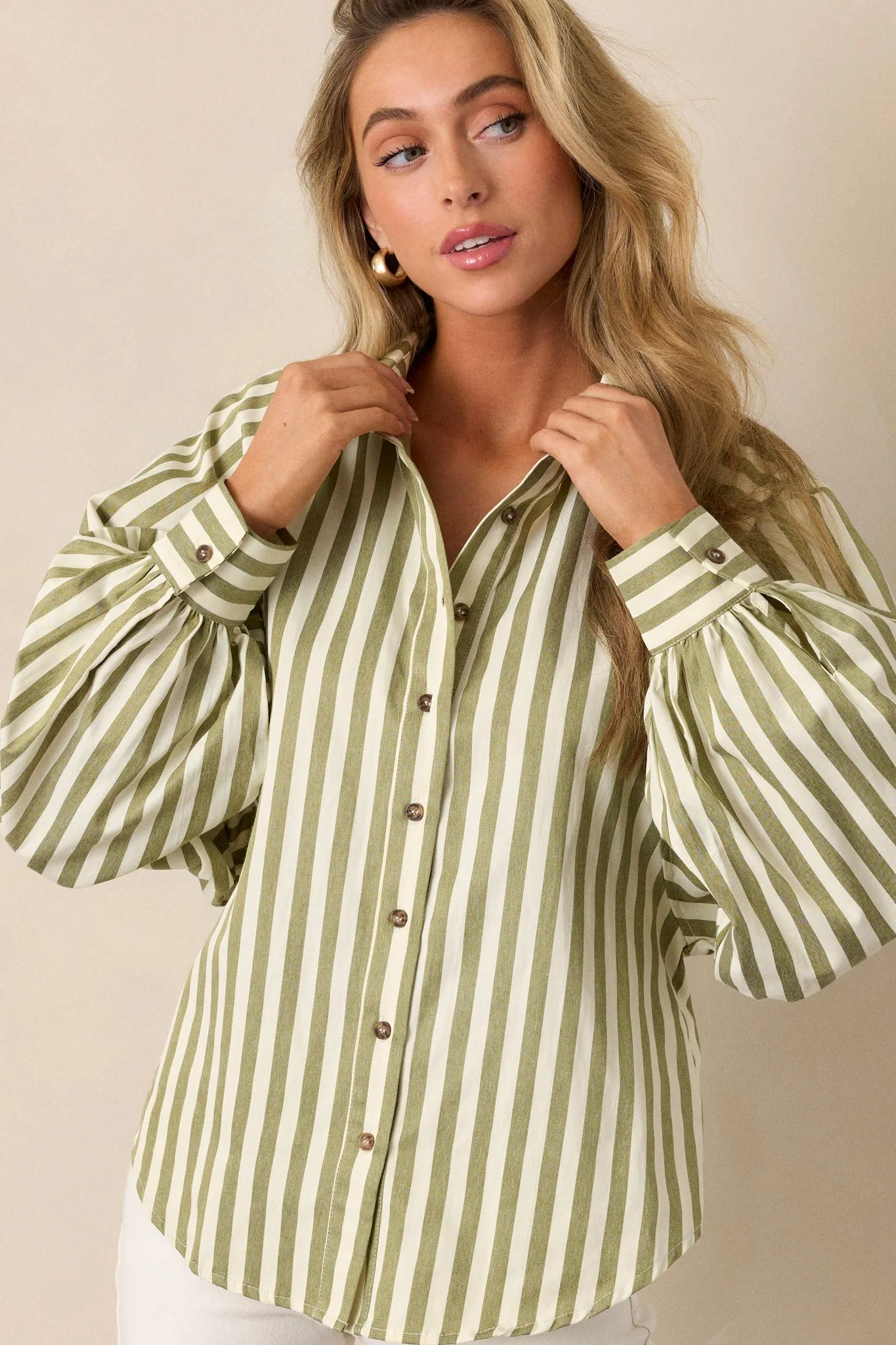 Bridge Over Water Olive Green Stripe Button Front Top