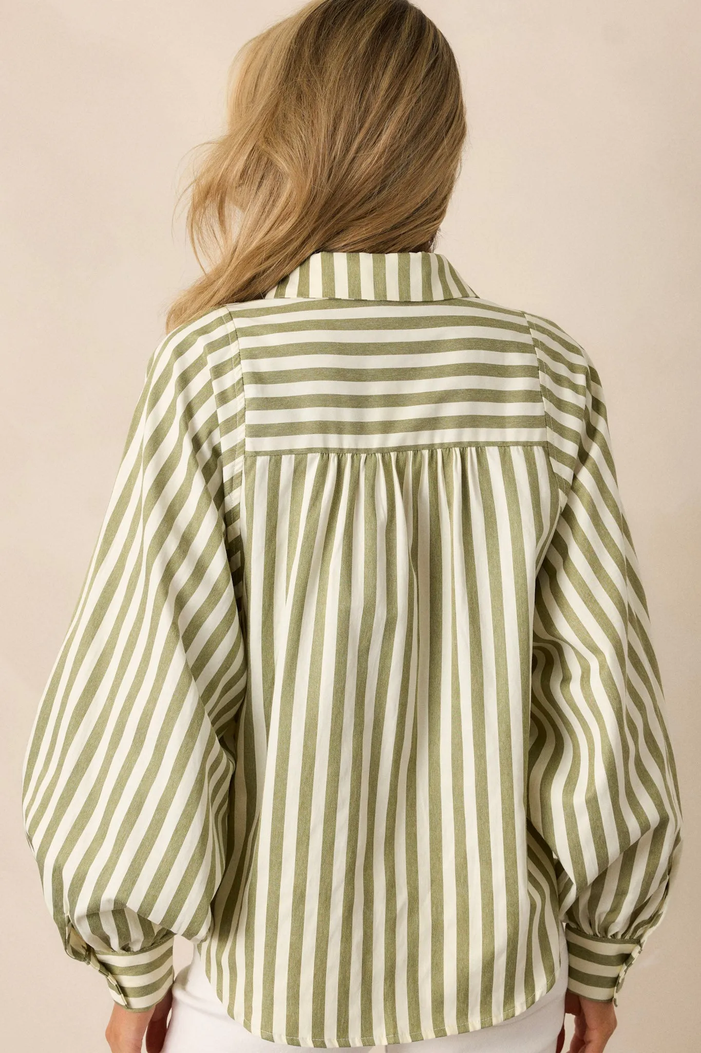 Bridge Over Water Olive Green Stripe Button Front Top