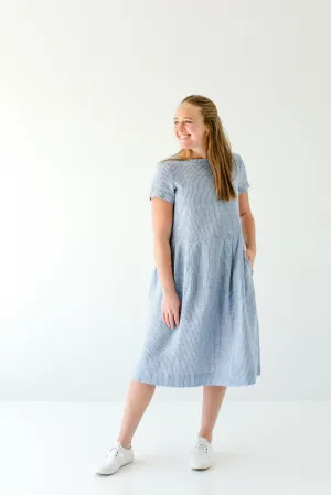 'Brigitte' 100% Linen Striped Midi Dress in Blue