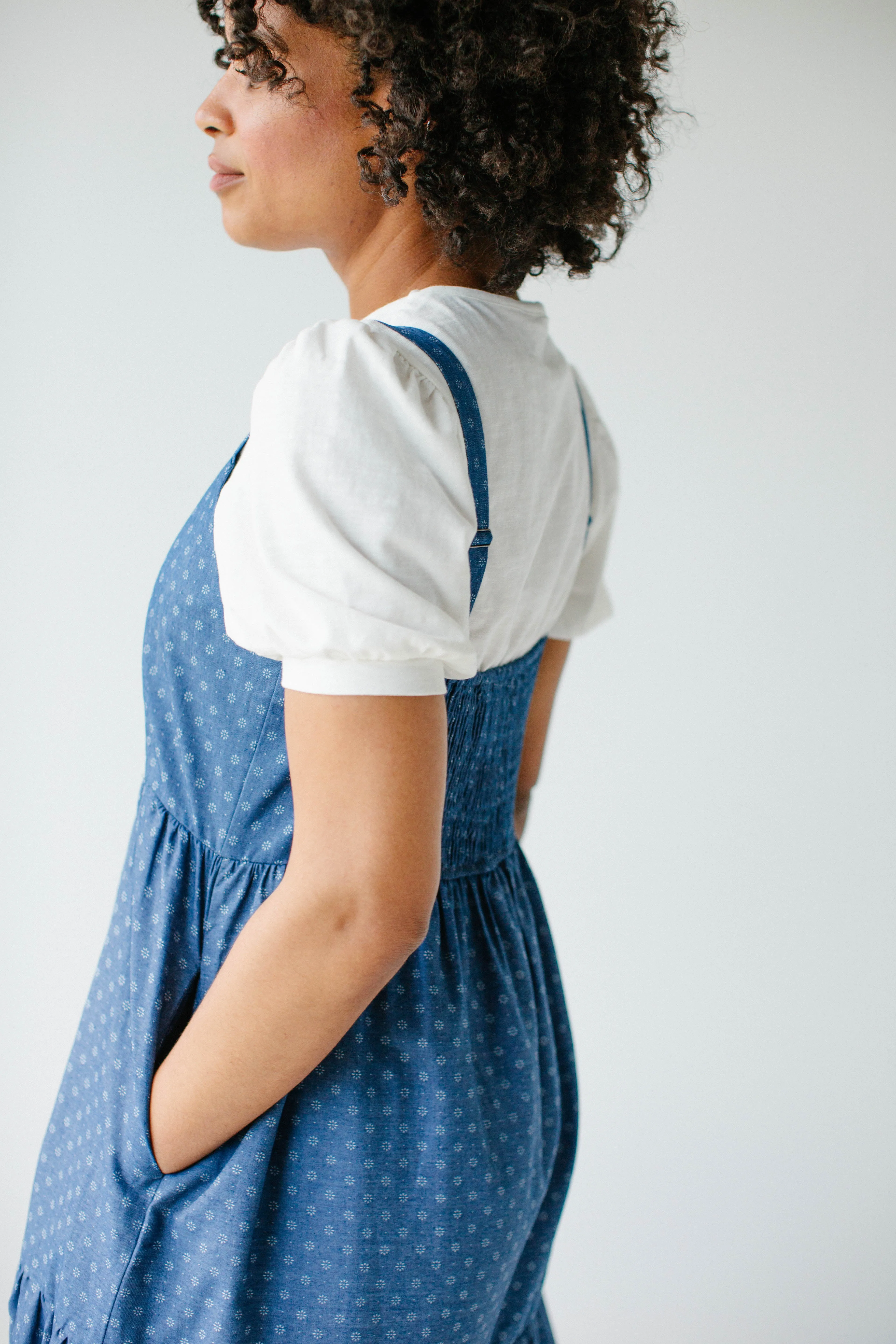 'Caprina' Printed Tiered Chambray Pinafore Dress in Deep Blue FINAL SALE