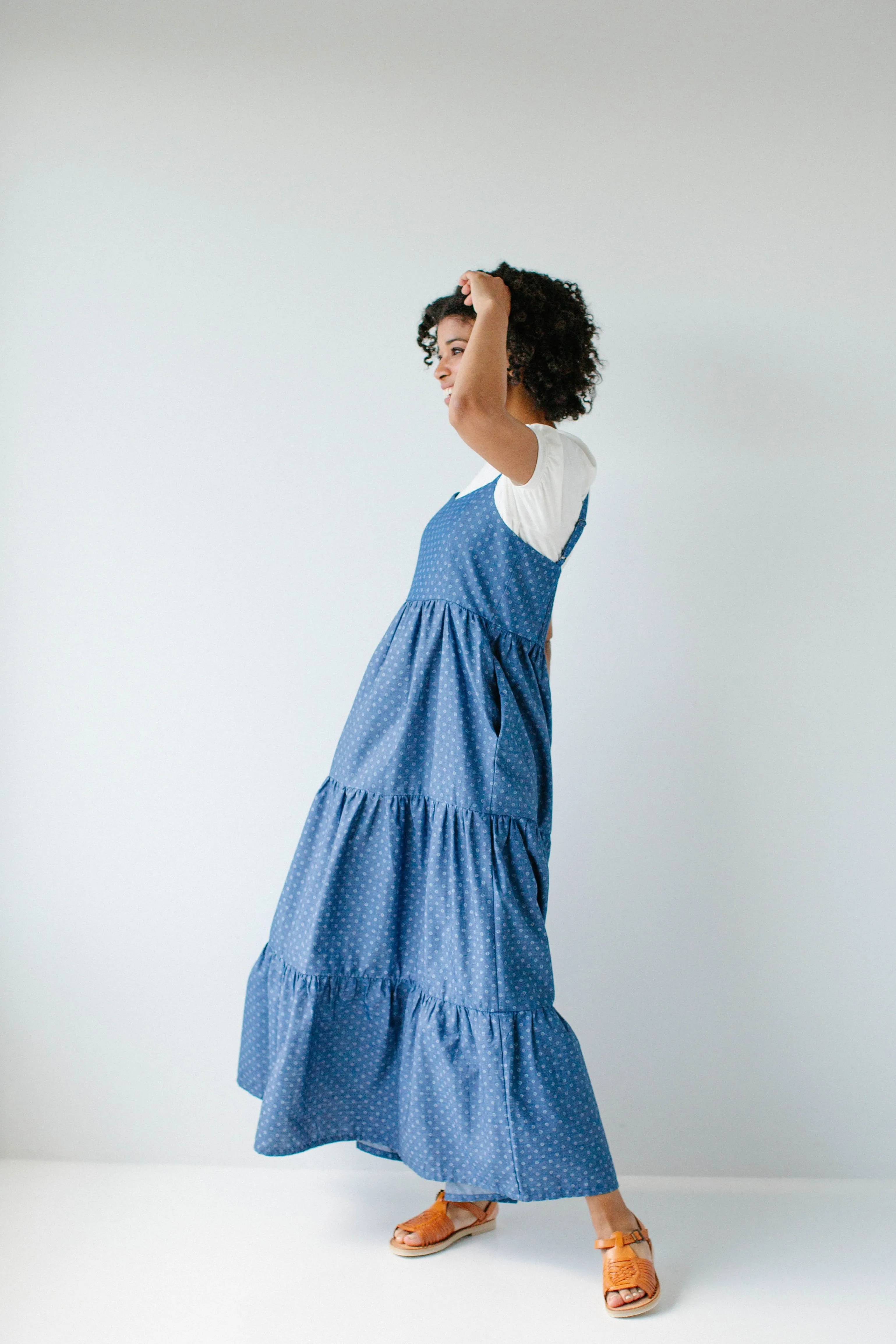 'Caprina' Printed Tiered Chambray Pinafore Dress in Deep Blue FINAL SALE