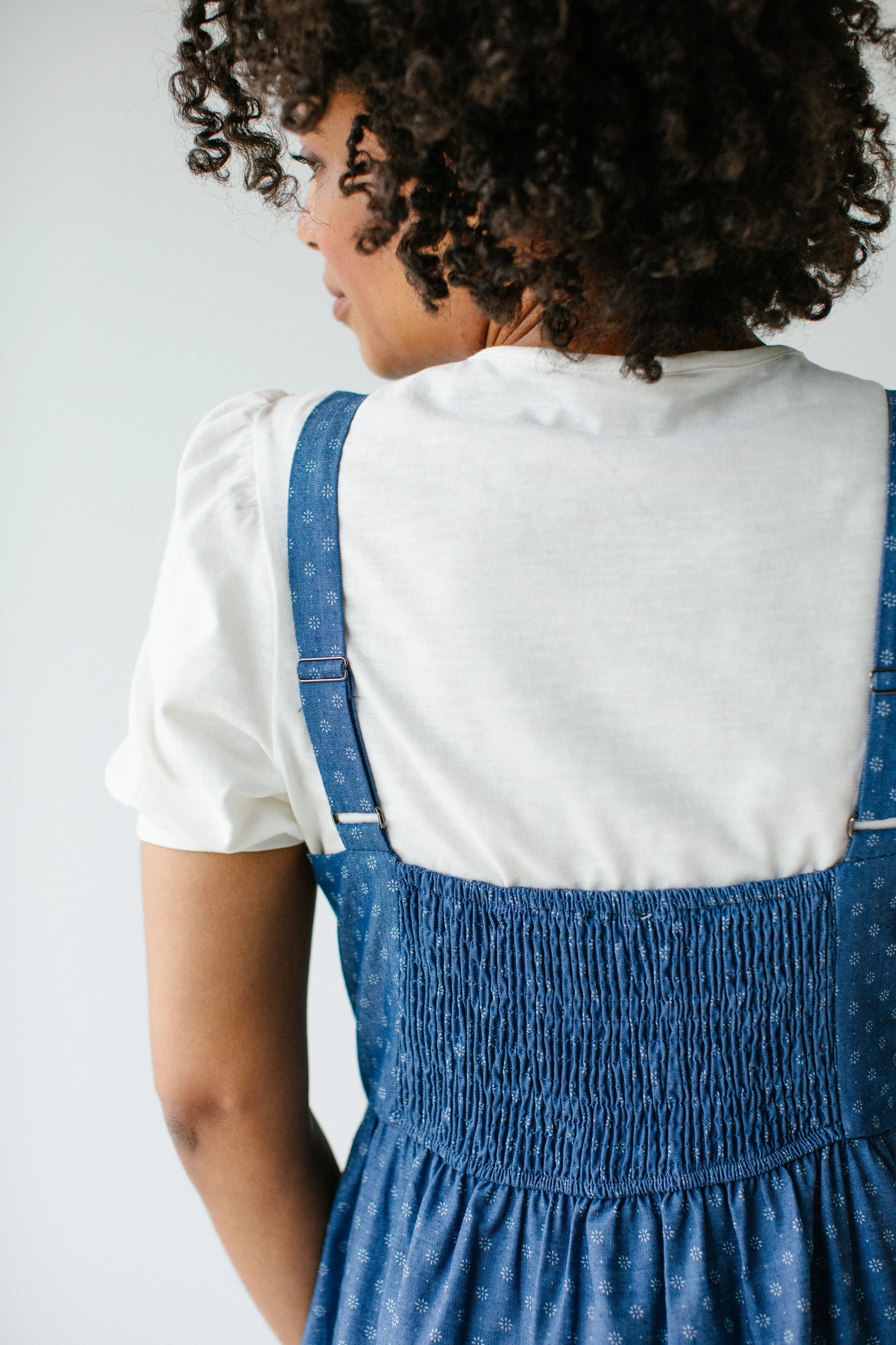 'Caprina' Printed Tiered Chambray Pinafore Dress in Deep Blue FINAL SALE