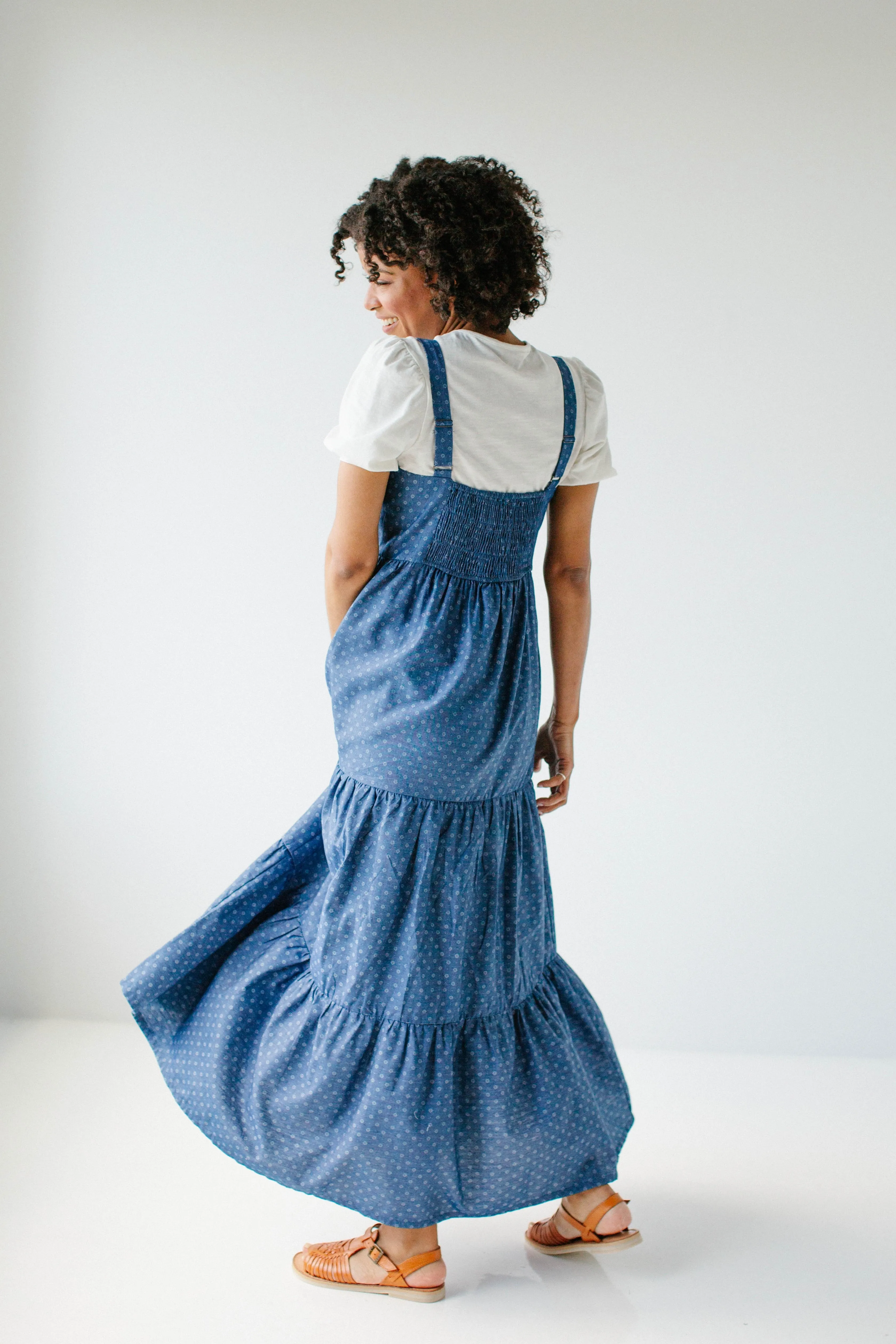 'Caprina' Printed Tiered Chambray Pinafore Dress in Deep Blue FINAL SALE