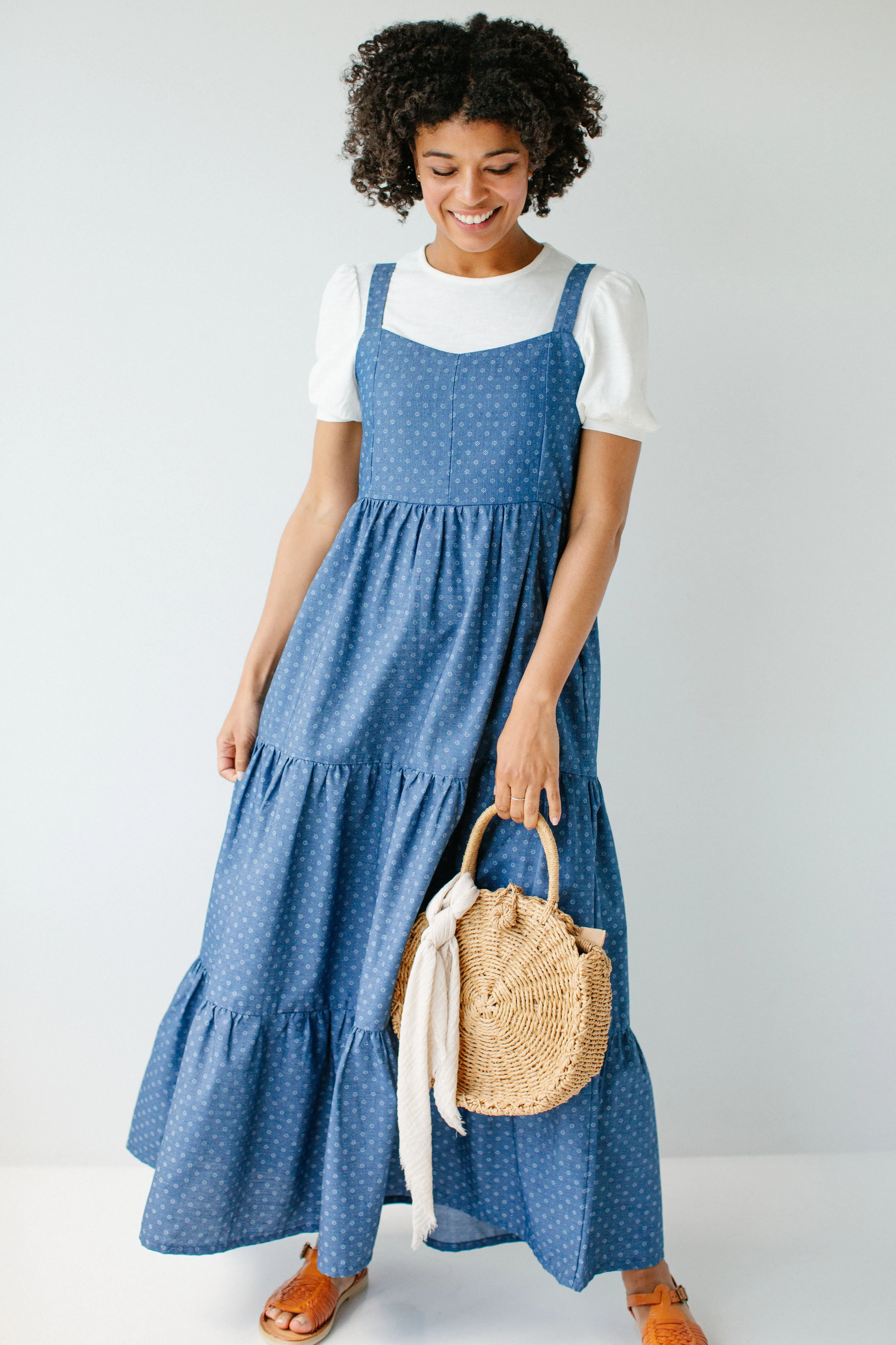 'Caprina' Printed Tiered Chambray Pinafore Dress in Deep Blue FINAL SALE