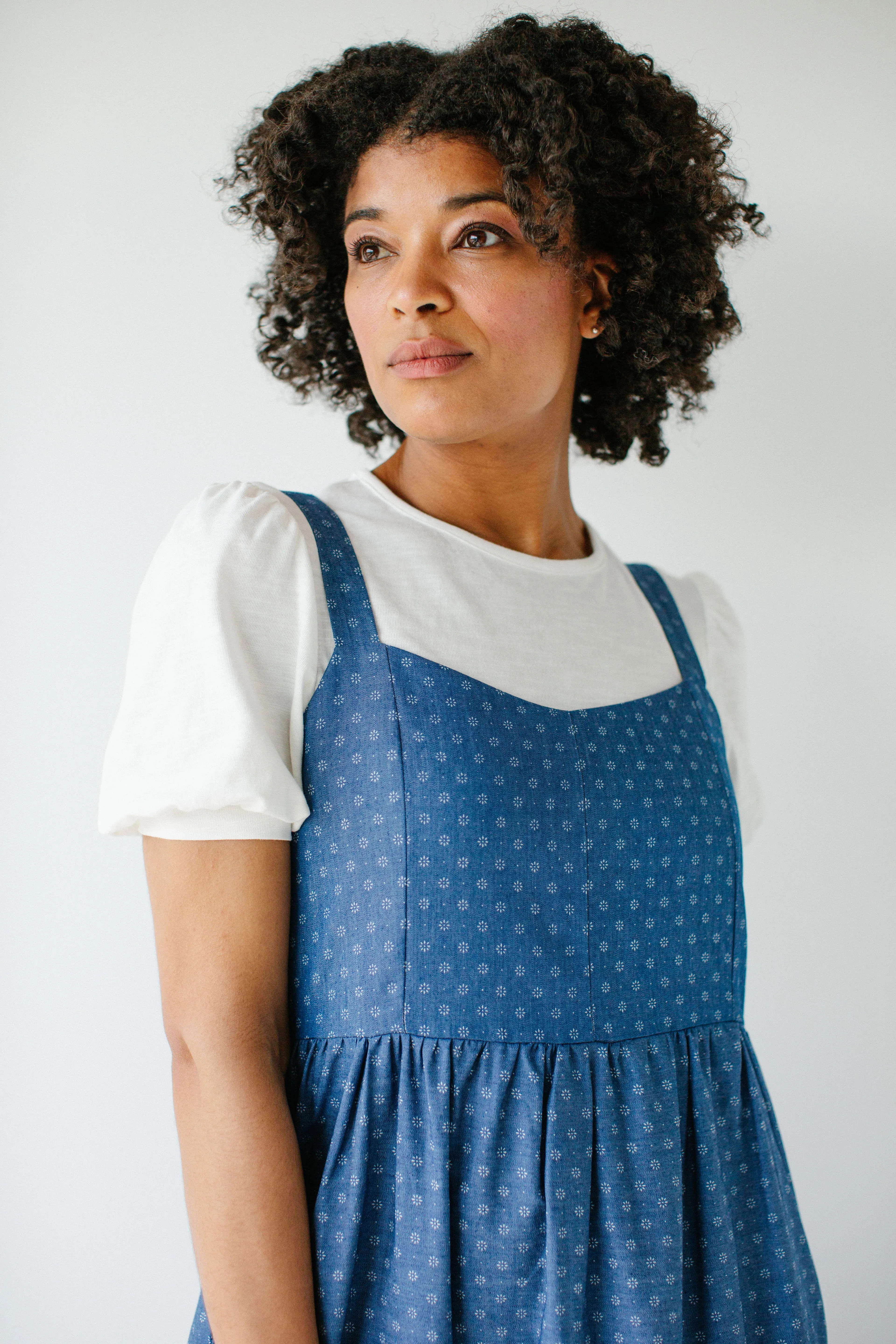 'Caprina' Printed Tiered Chambray Pinafore Dress in Deep Blue FINAL SALE