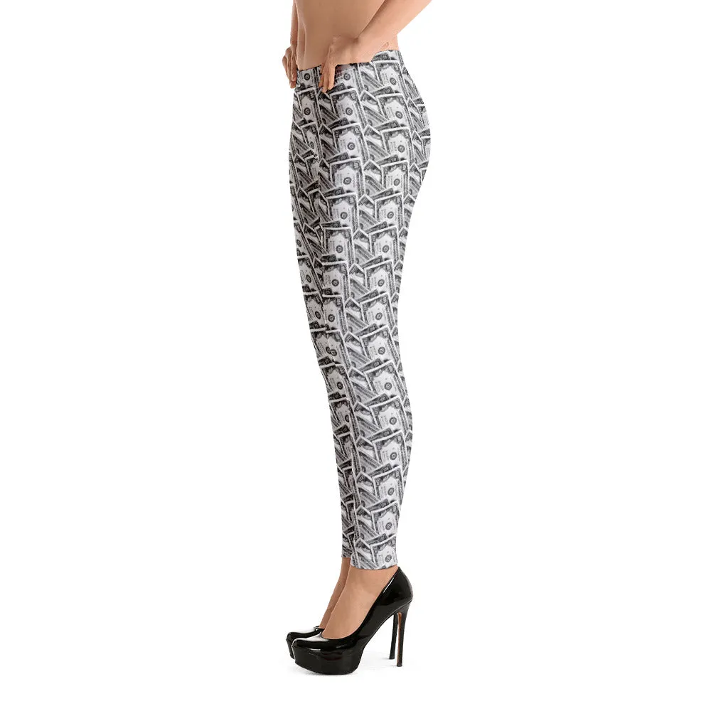 Cash Money Pattern Leggings White With One Hundred Dollar Bills from HeroicU