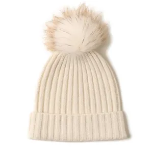 Cashmere Ribbed Beanie with Eco PomPom Mont Blanc Woolwhite