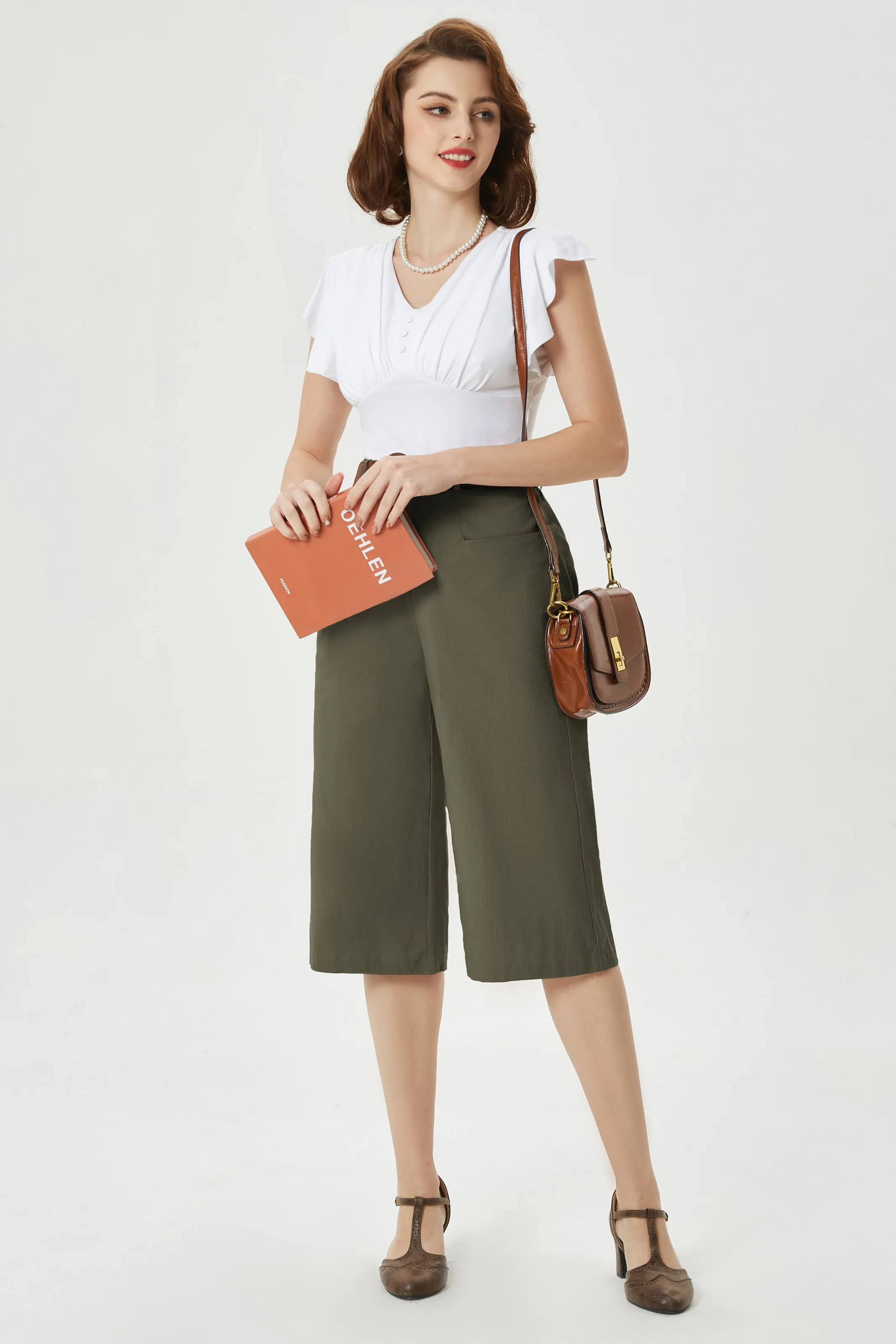 Casual Capris Summer High Wiasted Wide Leg Capris with Pockets & Belt