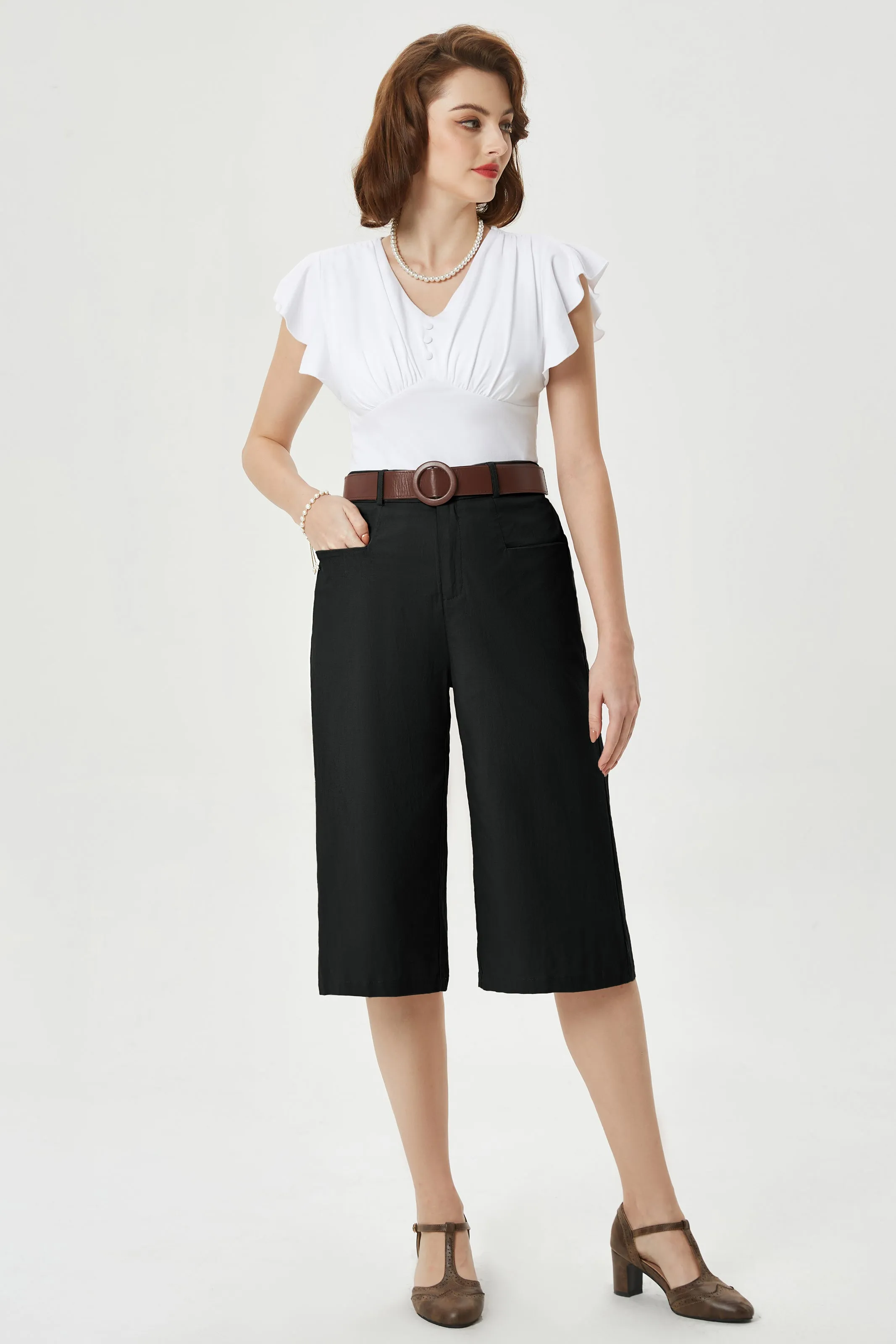 Casual Capris Summer High Wiasted Wide Leg Capris with Pockets & Belt