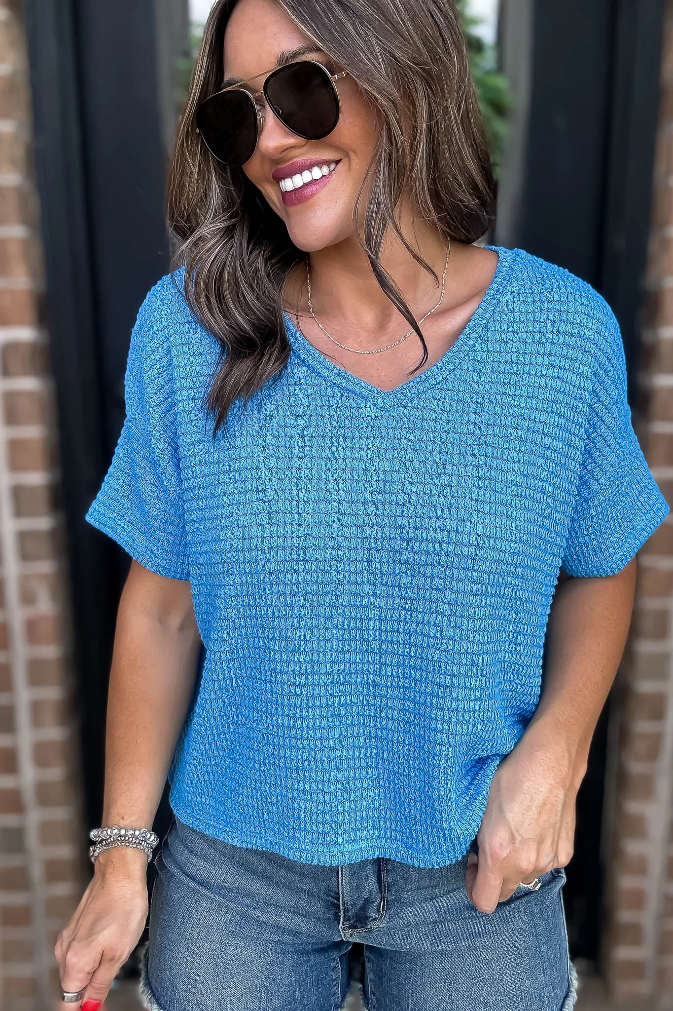 Casually Cute Deep Sky Drop Shoulder Top