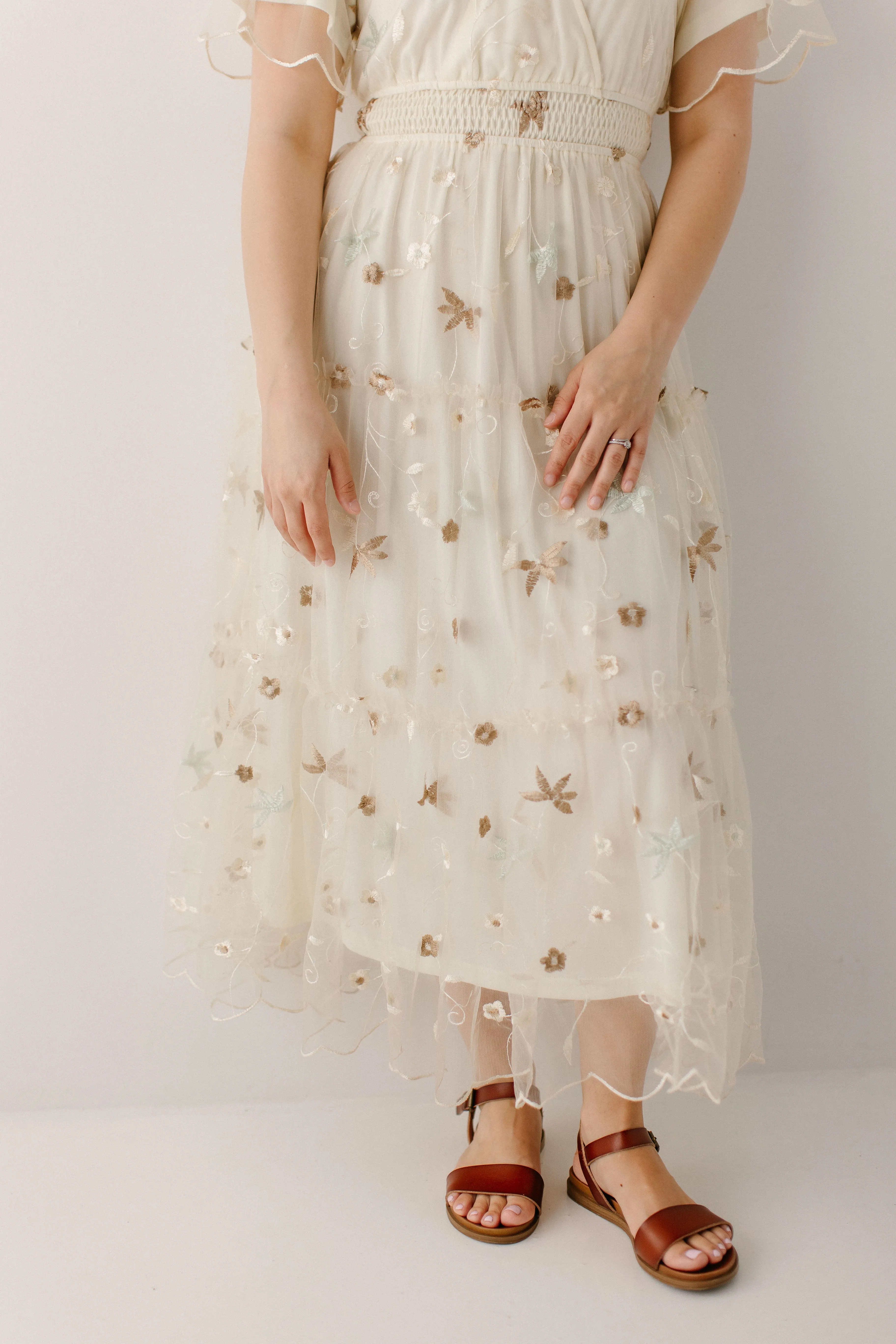 'Chanel' Embroidered Mesh Surplice Midi Dress in Cream FINAL SALE