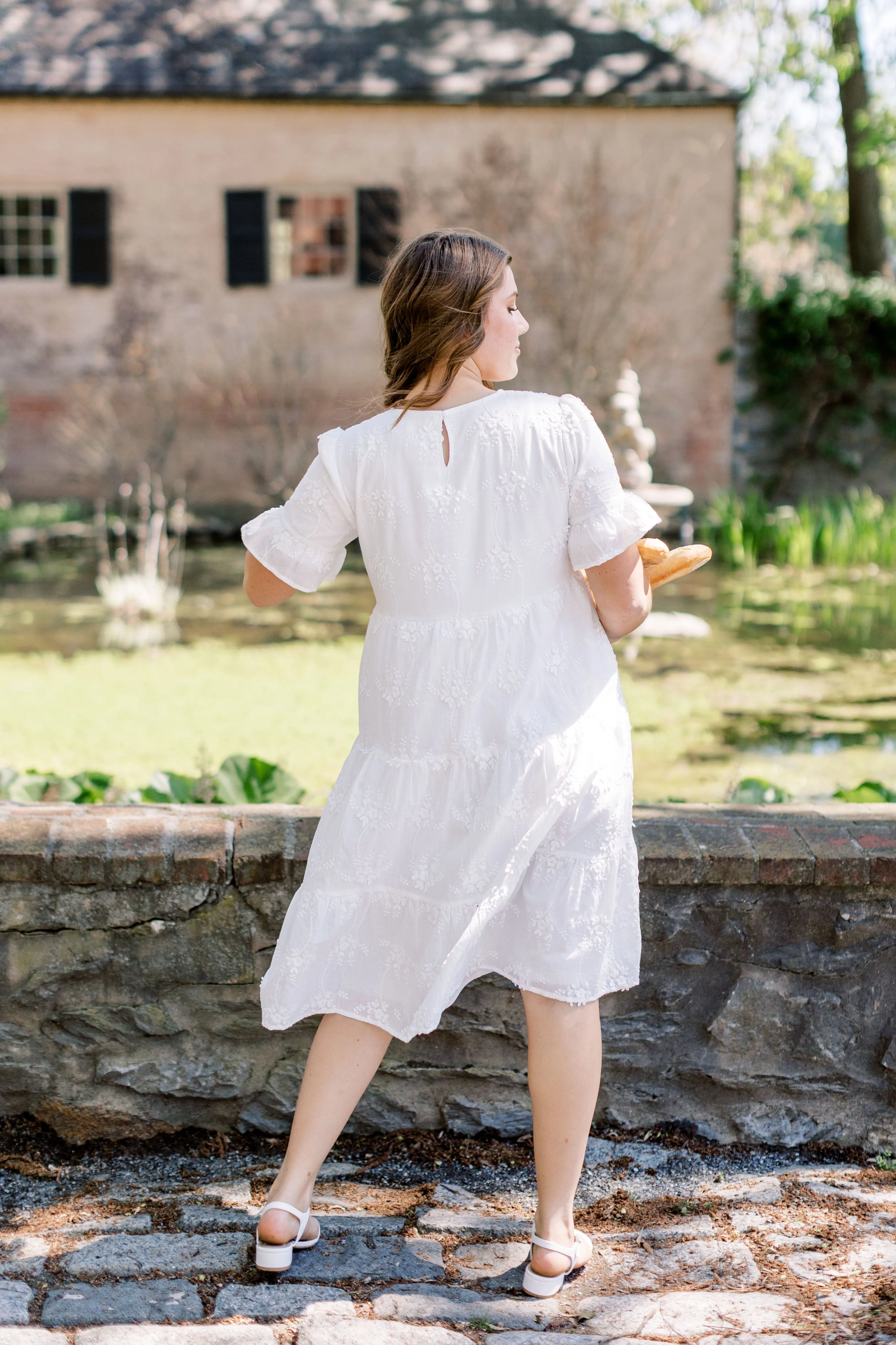 'Cherie' Textured Eyelet Midi Dress in Ivory FINAL SALE