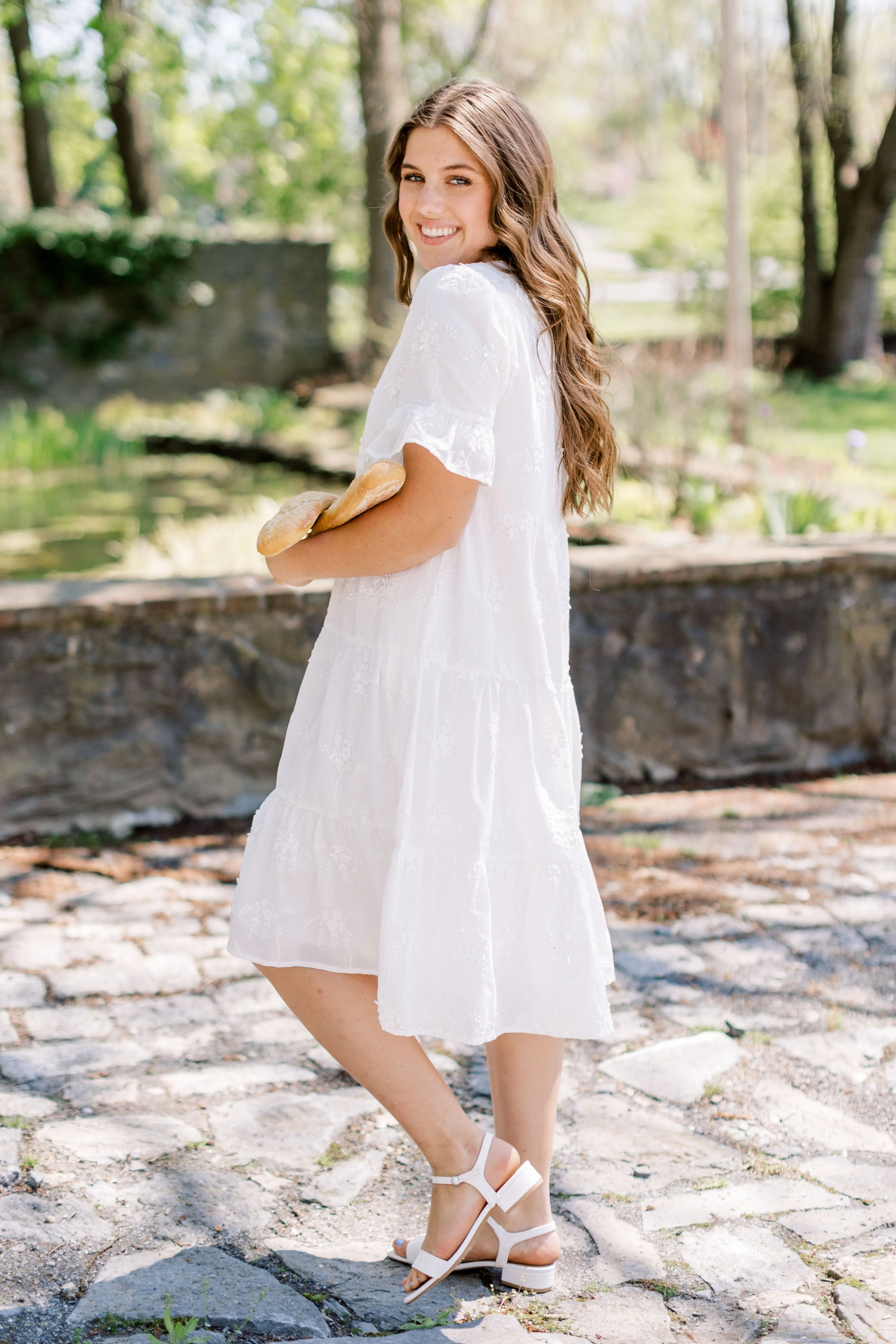 'Cherie' Textured Eyelet Midi Dress in Ivory FINAL SALE