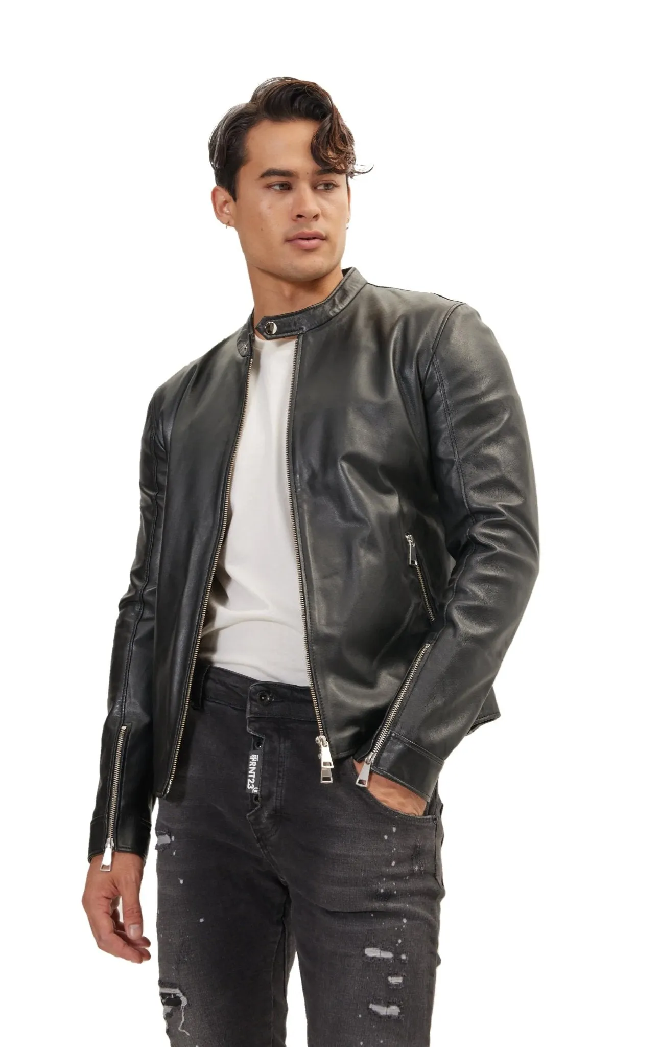 Classic Cafe Racer Leather Jacket - Black Falcon