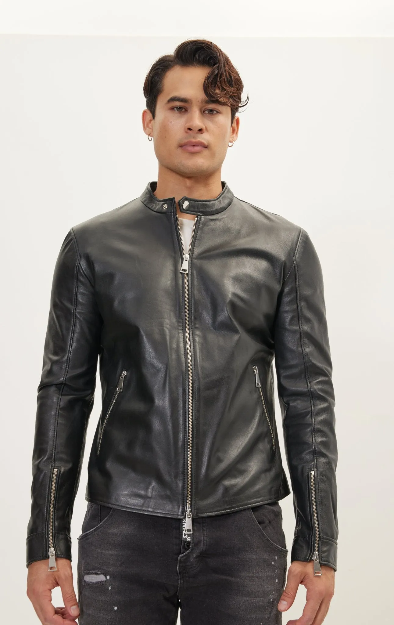 Classic Cafe Racer Leather Jacket - Black Falcon