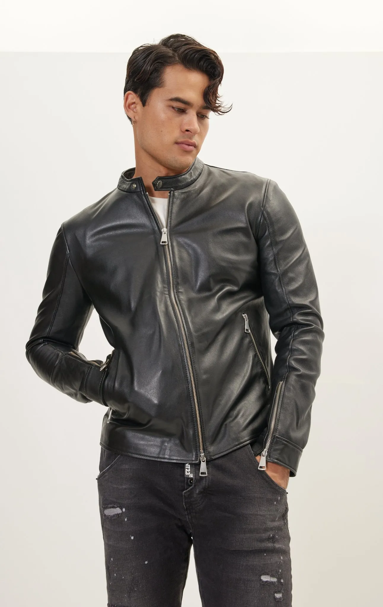 Classic Cafe Racer Leather Jacket - Black Falcon