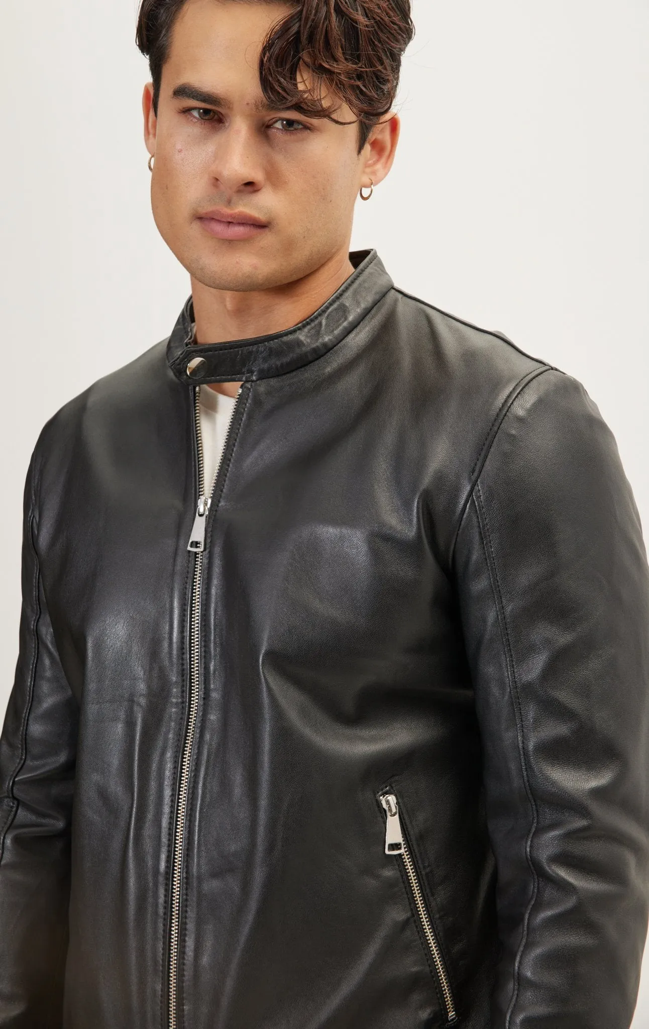 Classic Cafe Racer Leather Jacket - Black Falcon