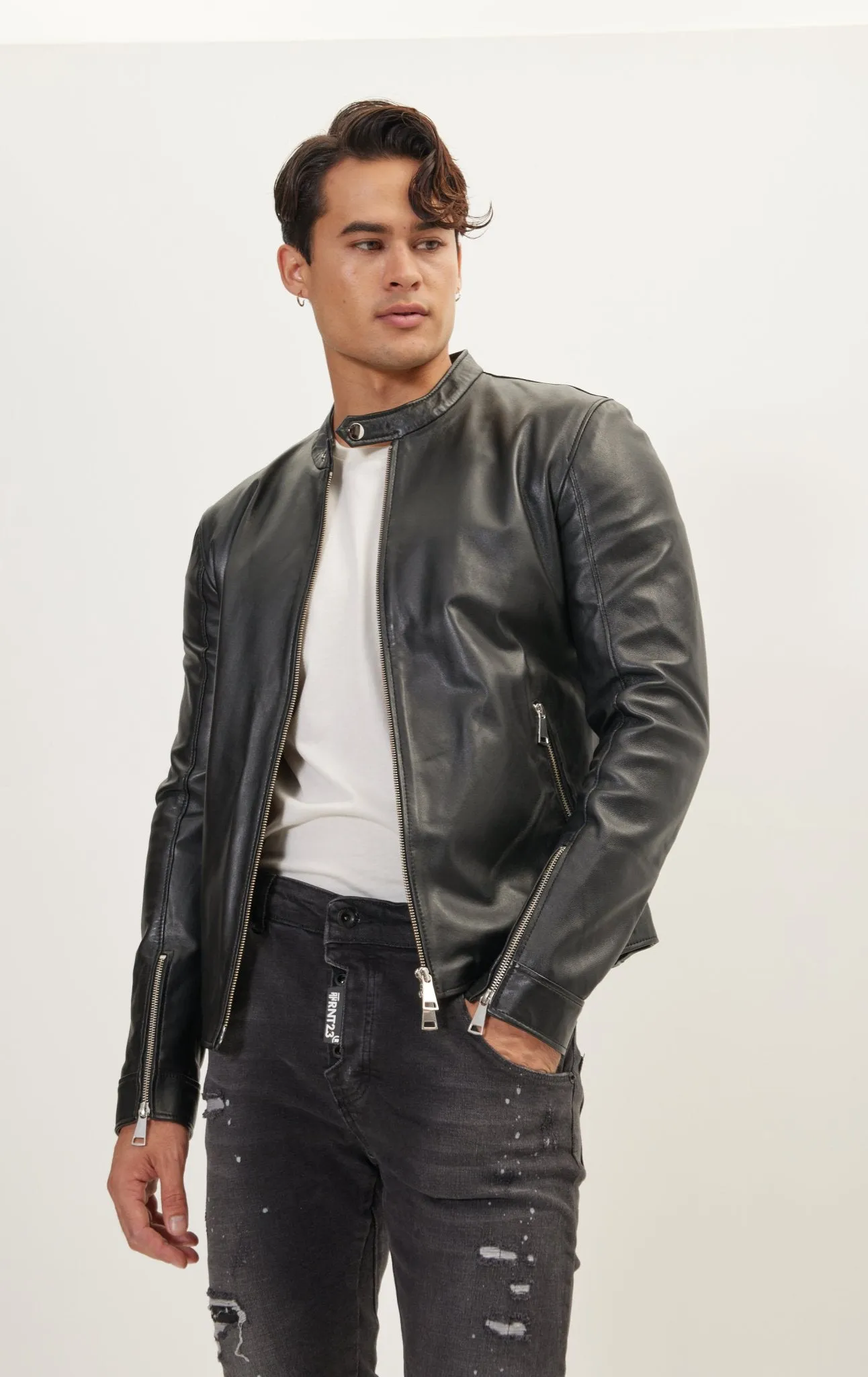 Classic Cafe Racer Leather Jacket - Black Falcon