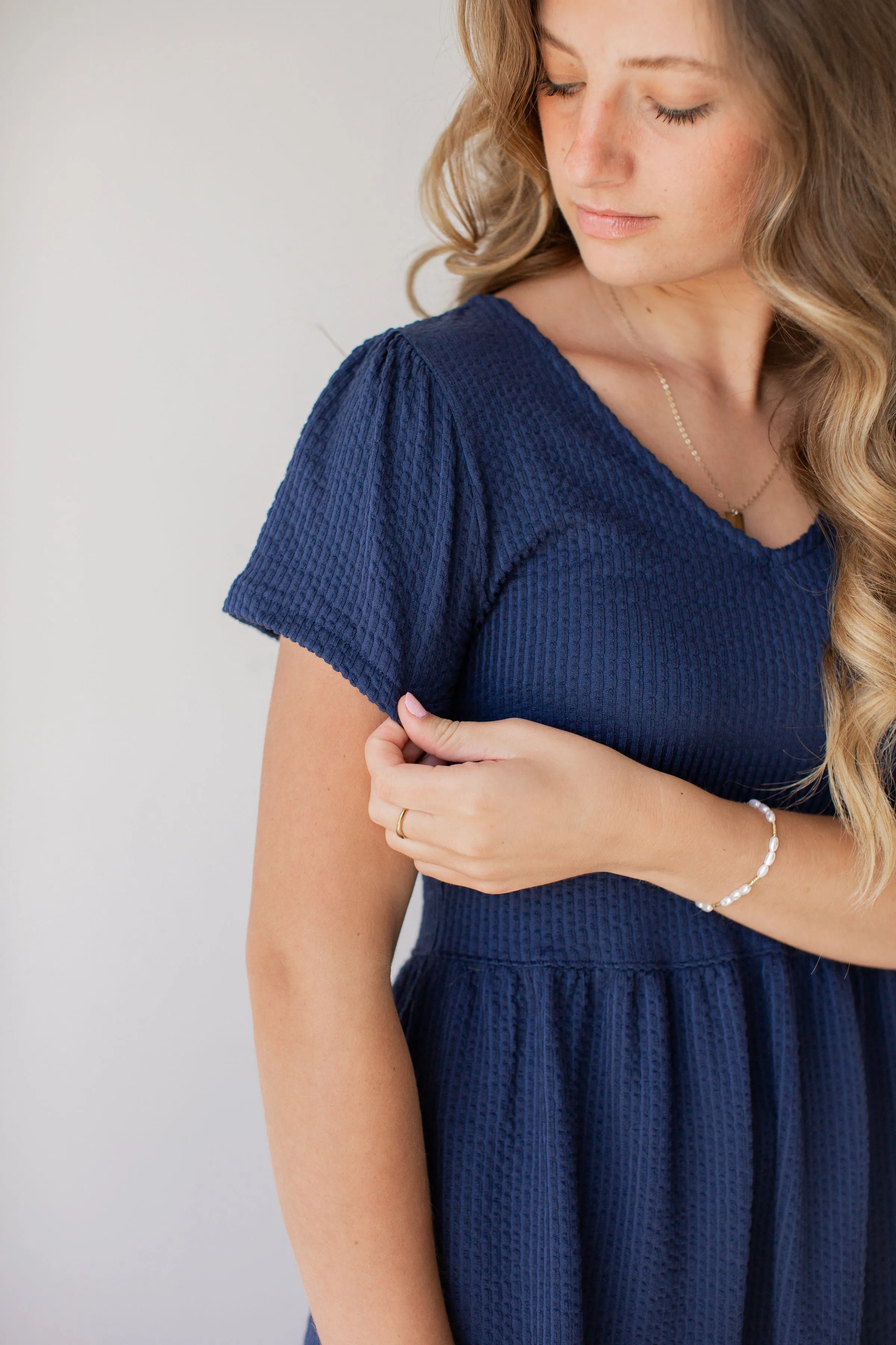 'Darya' Tiered Ribbed Midi Dress in Navy