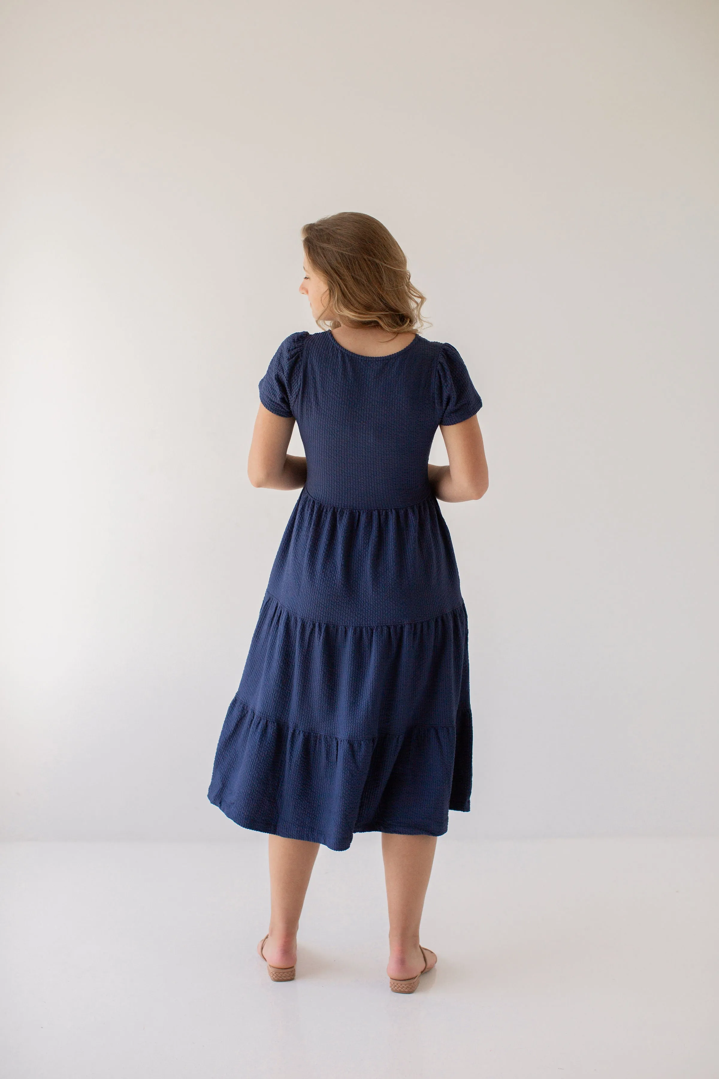 'Darya' Tiered Ribbed Midi Dress in Navy